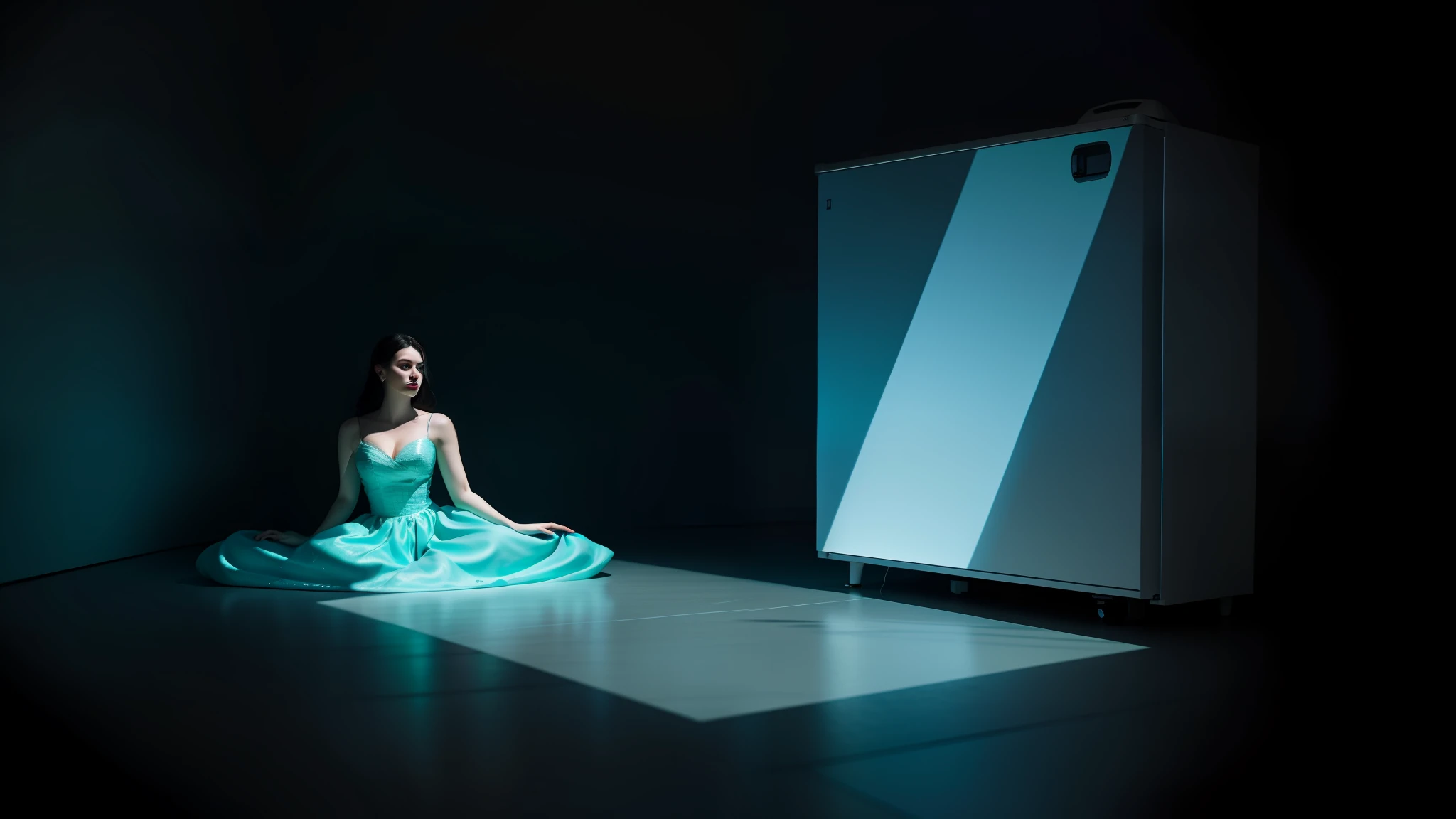 woman sitting on the floor in front of a refrigerator in a dark room, inspired by Elsa Bleda, brandon woelfel, low light photography, low key lighting, fridge, by Adam Marczyński, low key light, standing in a dimly lit room, low - key lighting, low-key lighting, refrigerator, dramatic low-key lighting