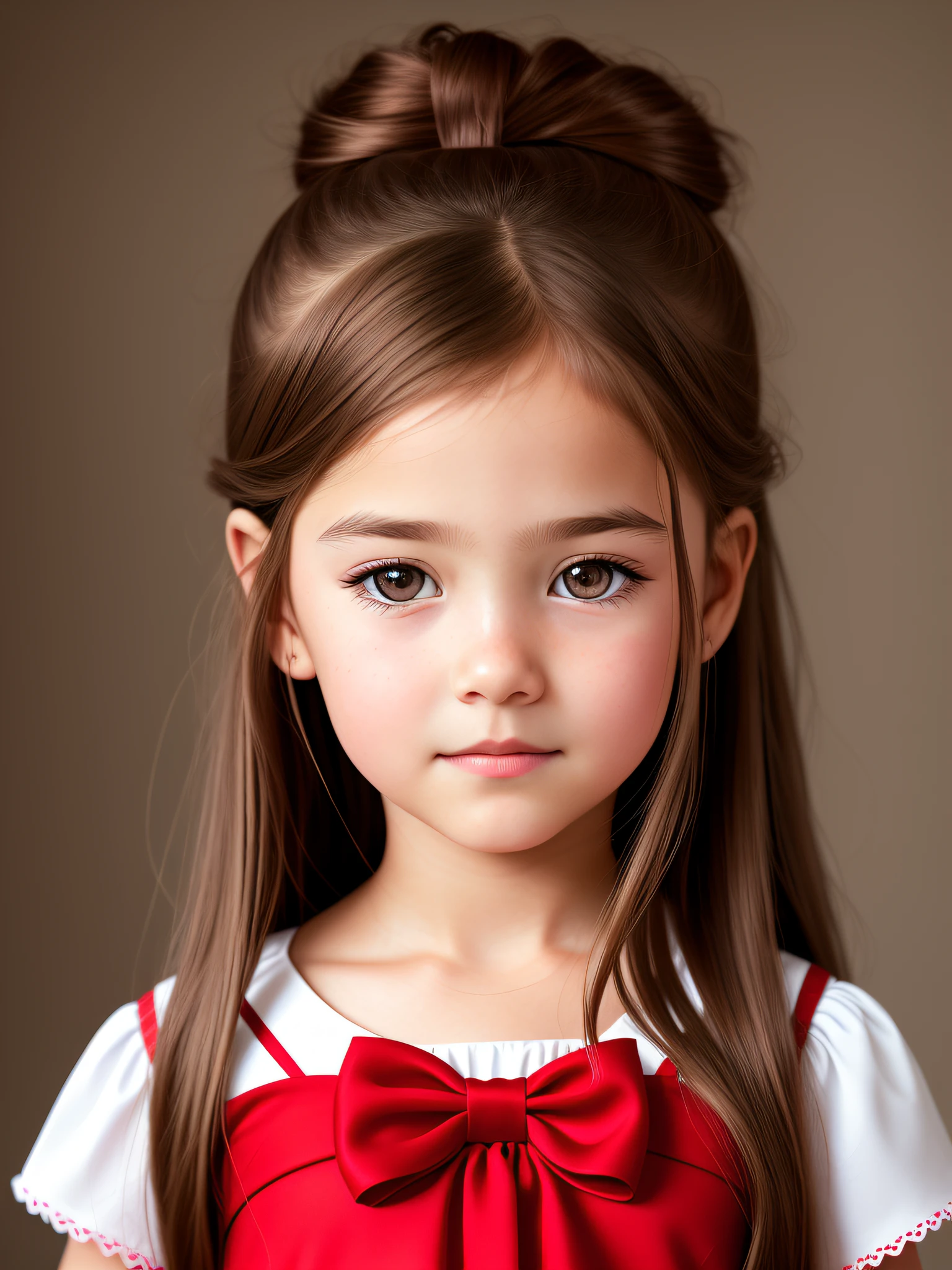 5years of life, brown hair, fair skin, realistic, with long hair stuck in a red bow, light brown eyes, red dress, 8k image, realistic human skin, real image,