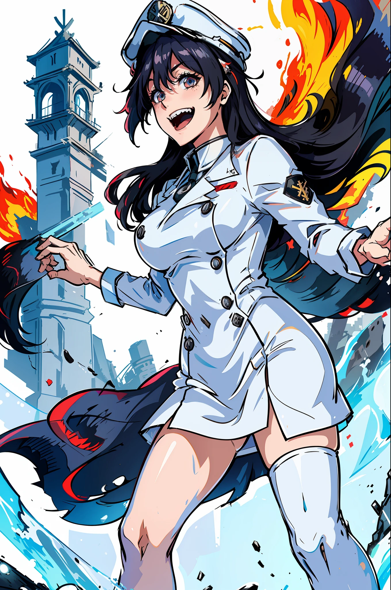 Masterpiece, top quality, ruined city and fire in the background, white Nazi SS Militari, 4K manga wallpaper, BLEACH, Exterminator, Shalltear Bloodfallen, badass anime 8K, gapmoe yandere, yandere, albedo of anime overlord, creepy grin, crazy laugh, fished out laughter at the corners of the mouth, long black hair, white miniskirt, white long-sleeved military uniform