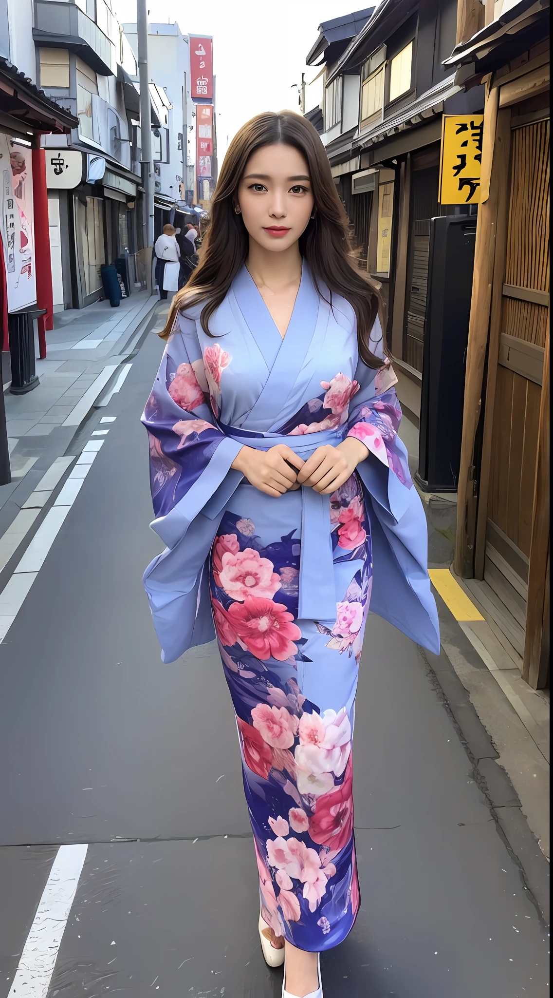 (Top Quality, 16k, Masterpiece: 1.3)), 1 Girl, Sharp Focus: 1.2, Beautiful Women with Perfect Figure: 1.4, Slender Abs: 1.2, (((long Hair)), ((Beautiful Face Idol: 1.3)), (Transparent Fabric Kimono 1.5)), Highly Detailed Face and Skin Texture, Detailed Eyes, Double Eyelids, Walking, Streets of Asakusa,