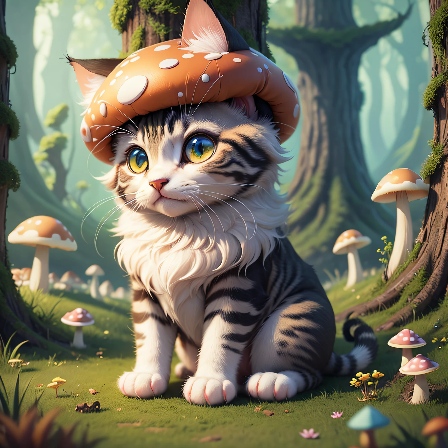 cute, fantasy, 3D animation, cat head and mushrooms fused,