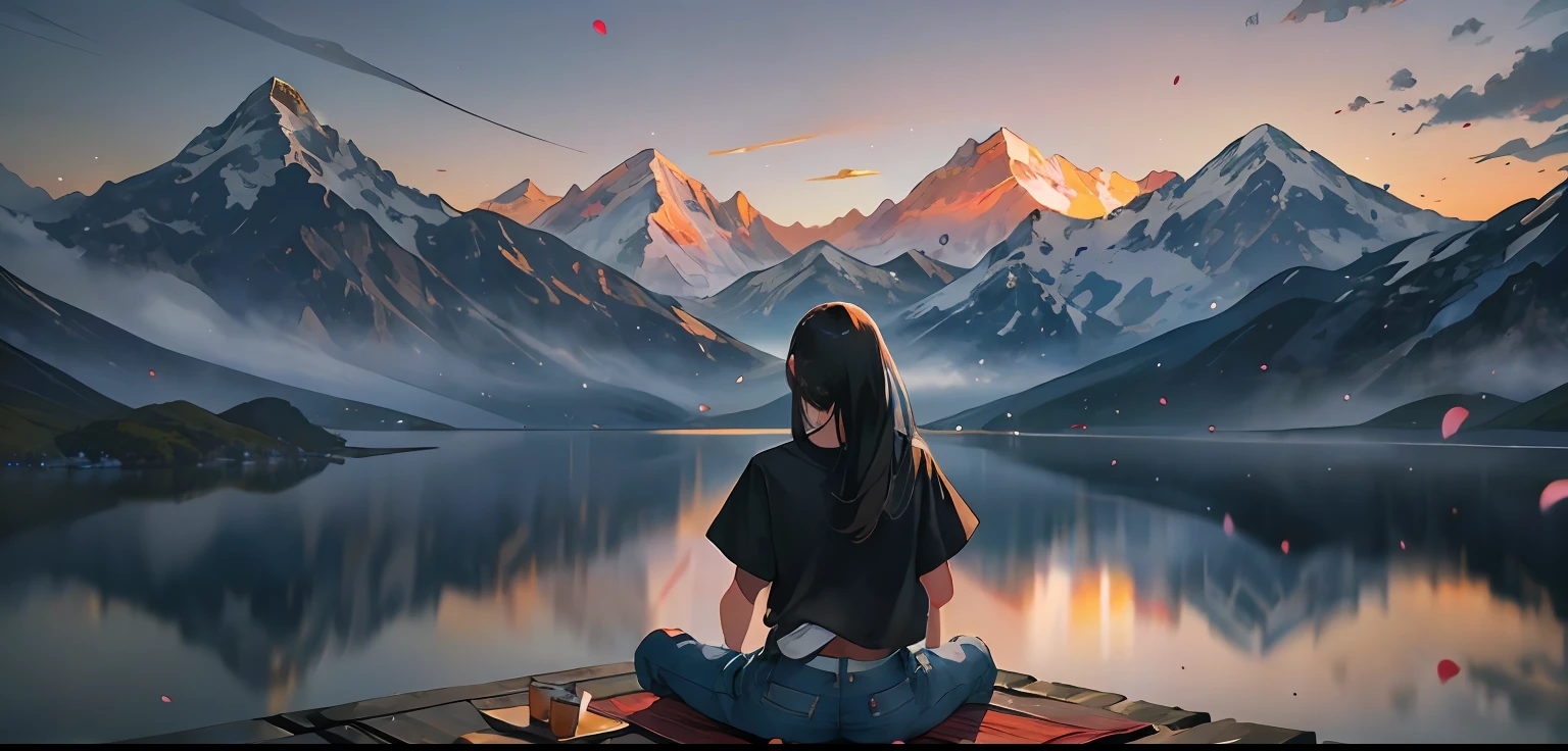 best quality, masterpiece, very detailed, detailed background, anime, 1 girl, young girl, long black hair over waist, character taking up 1/10 of the frame, hands down, white t-shirt, blue denim trousers, Mount everest, outdoor, sunset, beautiful sky, picnic on lake, landscape, landscape, horizon, mountain sitting near mountains, wind, petals, looking away, atmospheric lighting, focus alone, close up, back, depth of field, bokeh