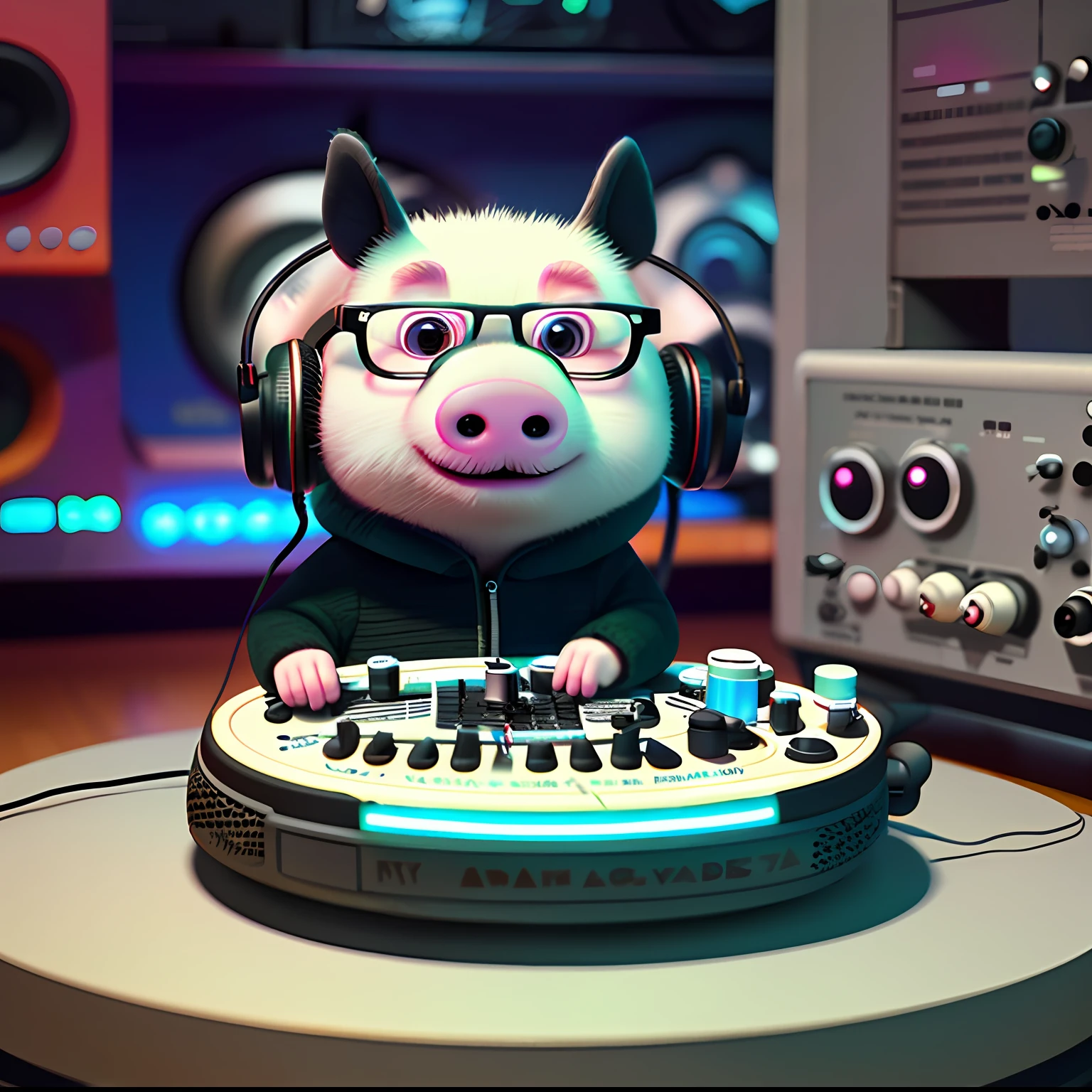 Cute little black pig with big headphones and glasses playing on synth, unreal engine, cozy interior lighting, arts station, detailed digital painting, cinematic, character design by mark ryden and pixar and hayao miyazaki, unreal 5, daz, hyperrealistic, octane rendering