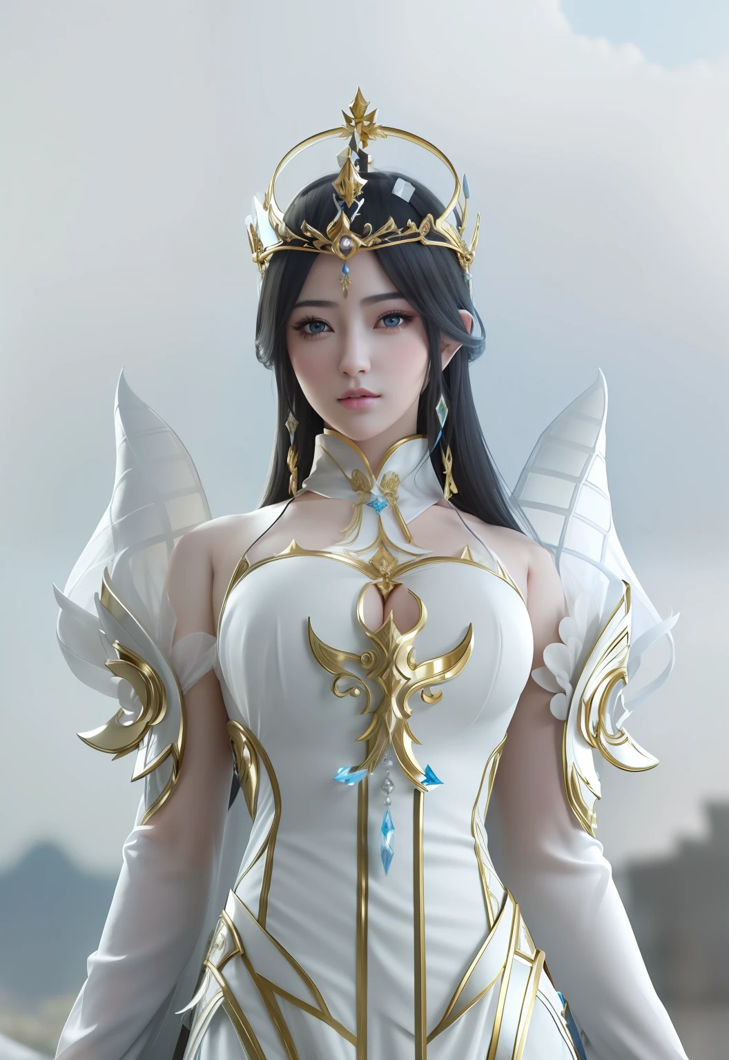 (masterpiece:1.4), (8k, photorealistic, RAW photo, best quality: 1.4), japanese, arafed woman in a white dress with gold accents and a crown, a beautiful fantasy empress, 3D render character art 8 k, unreal engine render + a goddess, beautiful and elegant elf queen, ((a beautiful fantasy empress)), ornate cosplay, fanart best artstation, hyperdetailed fantasy character, irelia from league of legends, goddess, beautiful face, (realistic face:1.4), (high detailed hair:1.3), beautiful hairstyle, realistic eyes, beautiful detailed eyes, (realistic skin:1.3), beautiful skin, attractive, ultra high res, ultra realistic, highly detailed, golden ratio, (detailed face:1.4), (realistic medium breasts:1.4), (braless:1.4), perky_nipples.