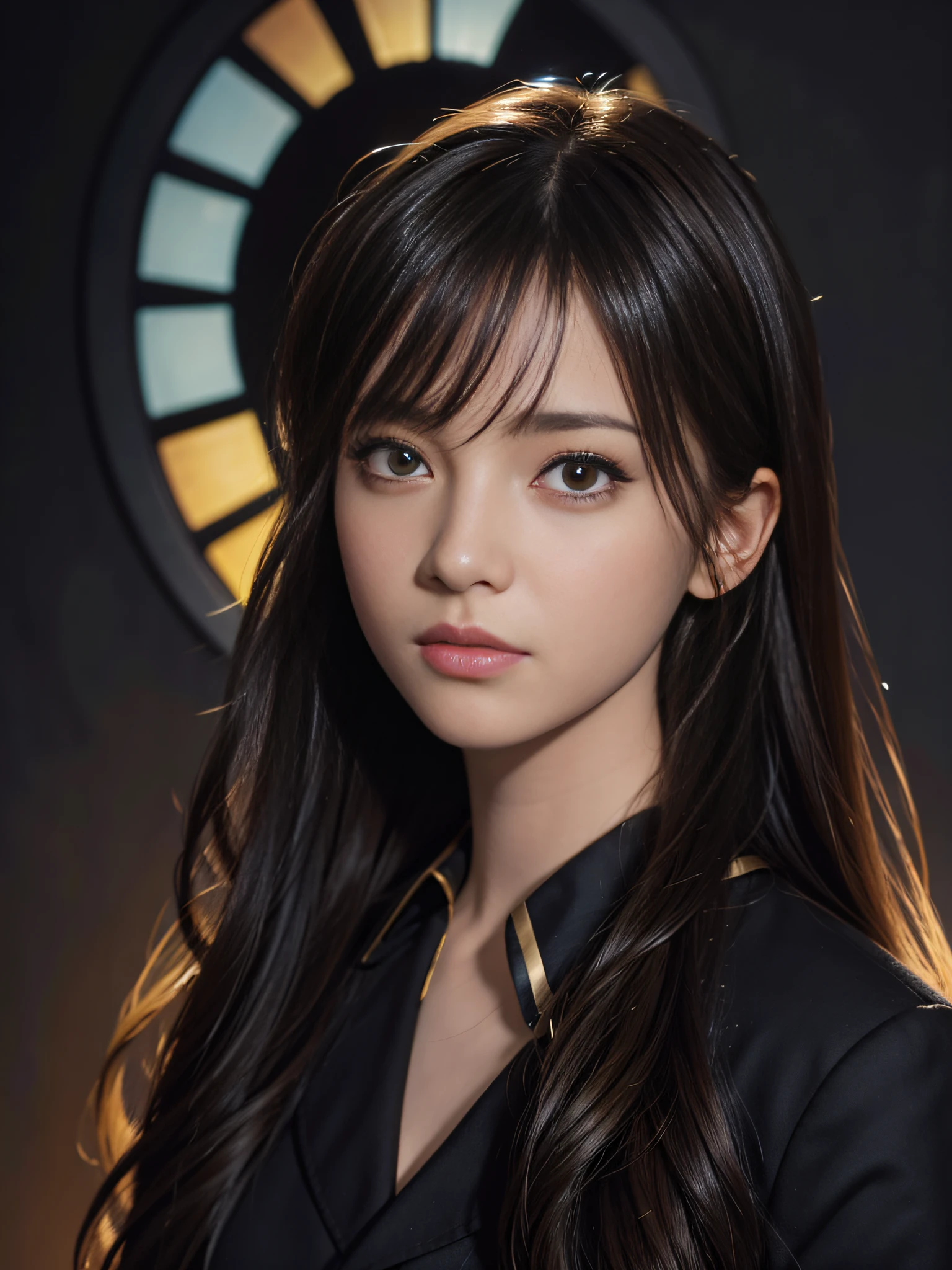 (Front Focus), (In the Dark: 1.6), Surrealist Female Portraits by David Hockney and Alphonse Mucha, Fantasy Art, Photo Realism, Dynamic Lighting, ArtStation, Poster, Volumetric Lighting, Very Detailed Faces, 4 K, Award-Winning , 1girl, In the Dark, Deep Shadow, Low Key, Cowboy Shot, (Official Uniform: 1.4), Long Hair, Brunette Hair, Bangs