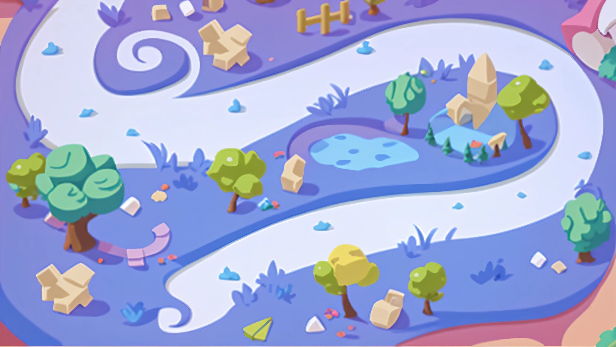 Baby toys, diapers, feeding bottles, cartoon map with close up of lots of trees, mobile game background, game map, in-game image, candy forest, stylized background, 2d game art background, 2d game background, game background, game illustration, mobile game art, stylized game art, fantasy world map, game texture, 2 d game environment design, background artwork