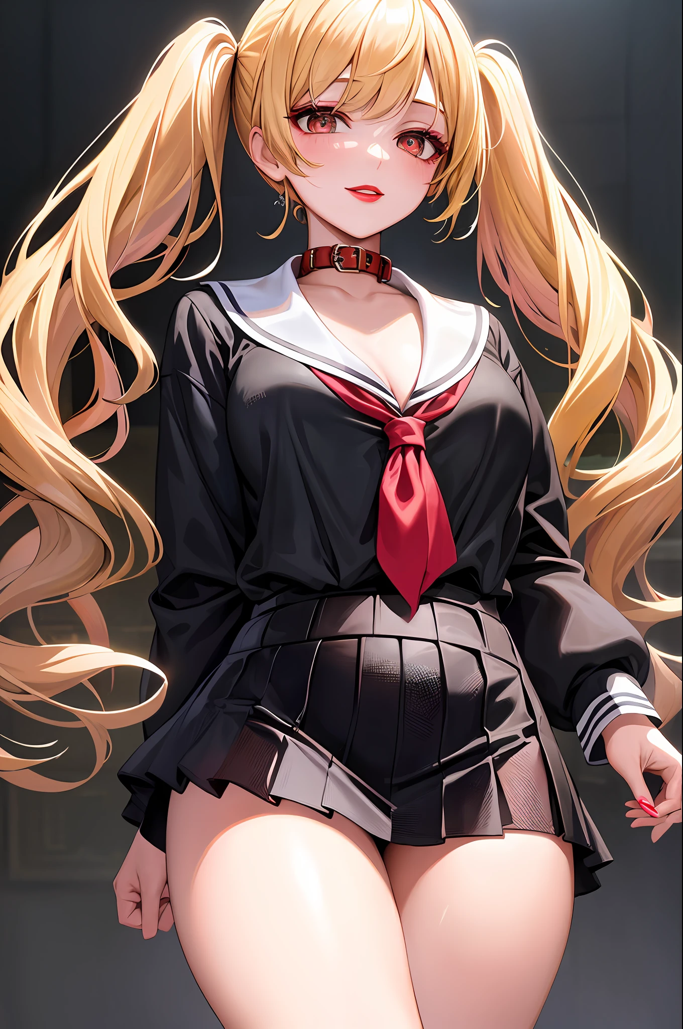 SLE, mksks style, Top quality, Masterpiece, Detailed background, Very detailed, Complex and detailed face, Long eyelashes, Detailed eyes, (one adult woman), (Blonde high twin tails, black mesh: 1.3), (Thigh thick: 1.0), (Big: 1.3), (park-like place),
(Solo), (beautiful golden eyes), (very disheveled hair), (red collar), (thick lips, red lipstick: 1.3), (pink eyeshadow: 1.2), (moisturized eyes), best smile, miniskirt, school uniform,