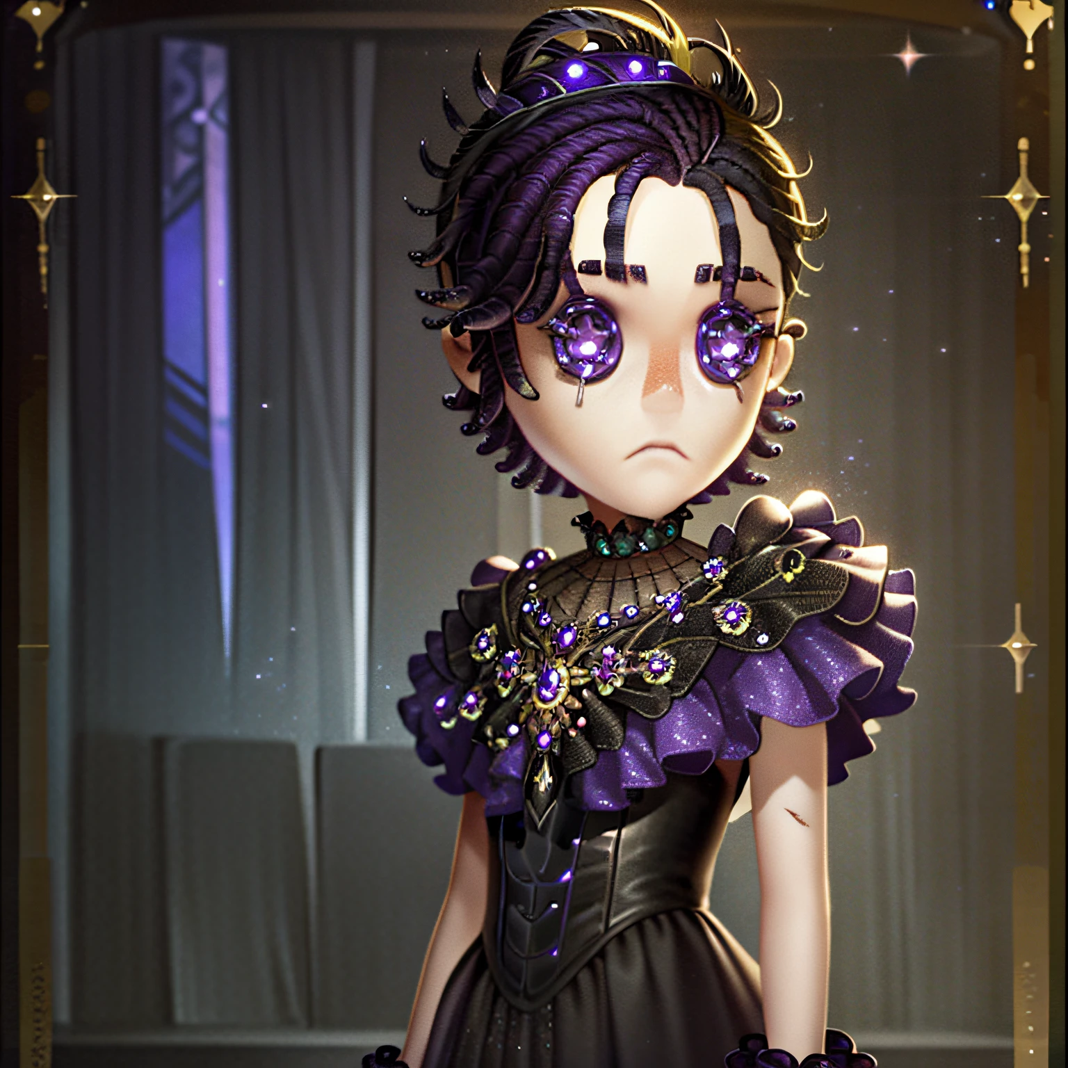 masterpiece, high quality, young boy, glittery black dress, purple hair ornament on head, black hair, facing forward, looking at camera, full body, screen center