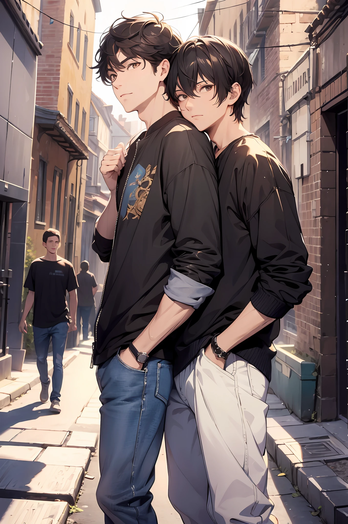 (absurdres, highres, ultra detailed), masterpiece, best quality, two man put his arm around his shoulder, handsome, black hair, brown hair, casual clothes, background is back alley, best light and shadow