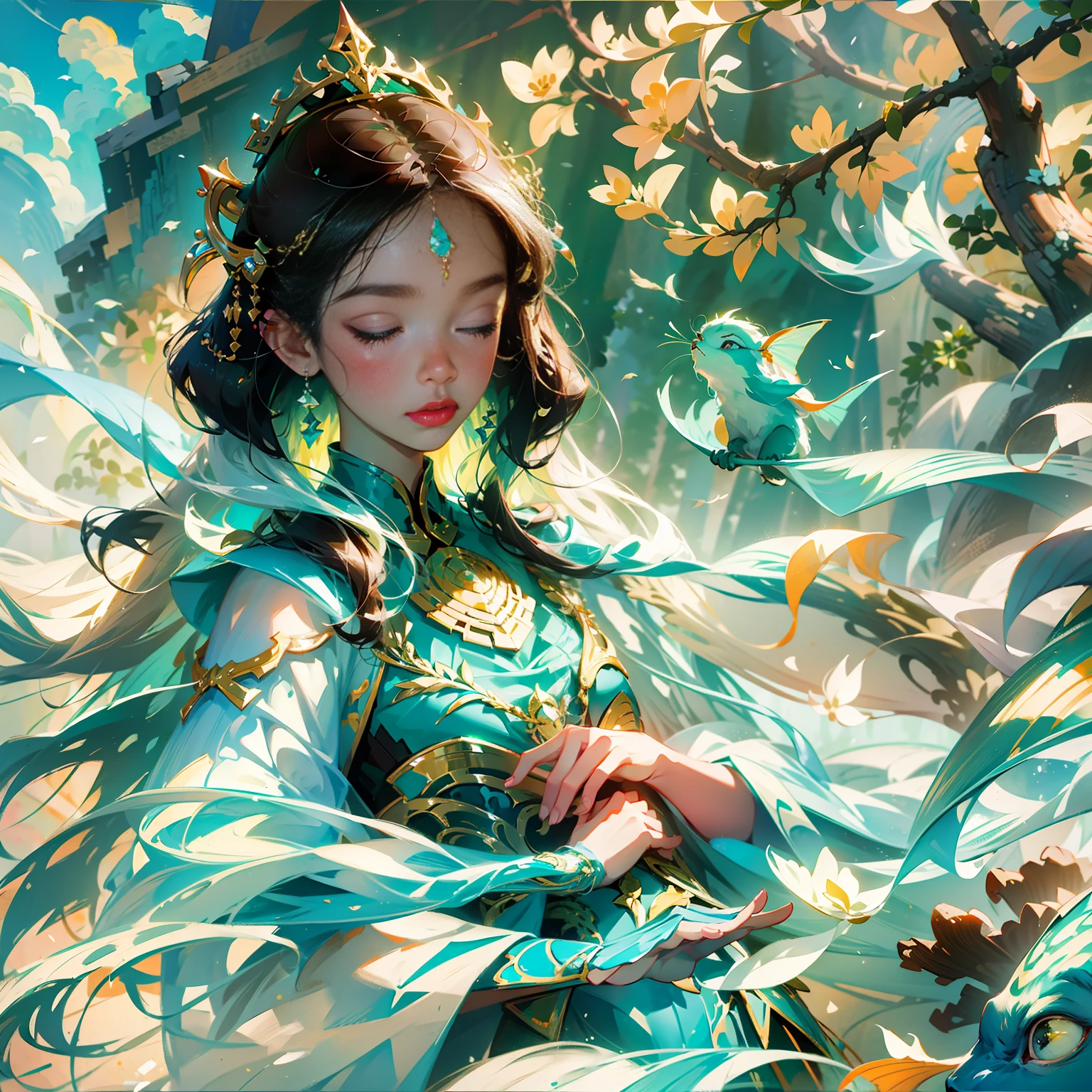 The picture is concise, the girl surrounded by fish, close-up of the avatar, closed eyes, natural expression, full of divinity, oil painting style, obvious oil brush strokes, impressionist palette style, beautiful, cyan, cartoon, the lines are smart and simple, the faces of the characters are rich in detail, depth of field lens, 8K, face light