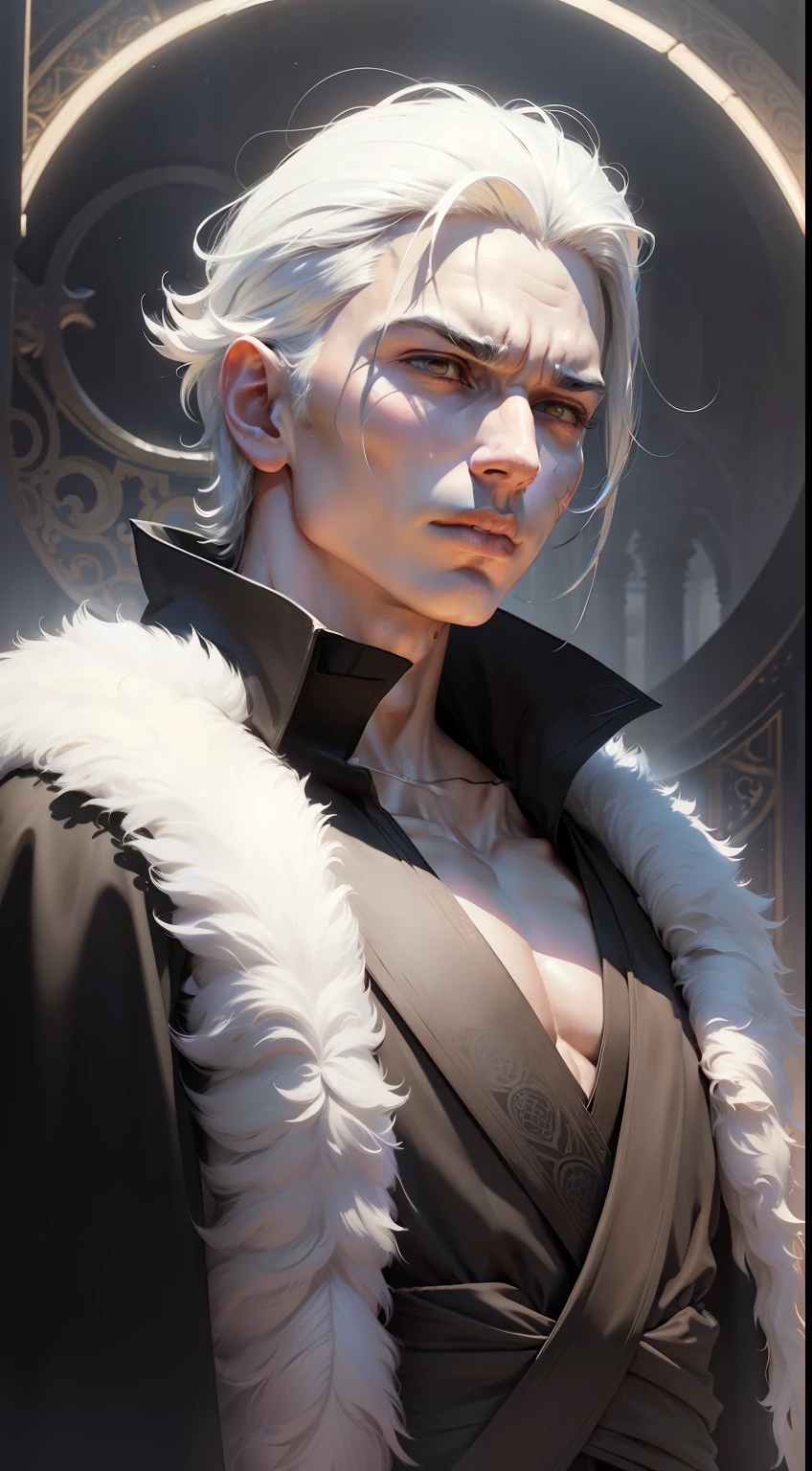 (masterpiece), Character: male, (pay attention to facial details), symmetrical facial features, kind face, sculptural figure, high contrast, fantasy light and shadow, high color saturation, mysterious atmosphere, streamlined posture, black robe all over, white hair, circle hanging from the waist, in front of everyone's eyes, like a god descending to earth.
