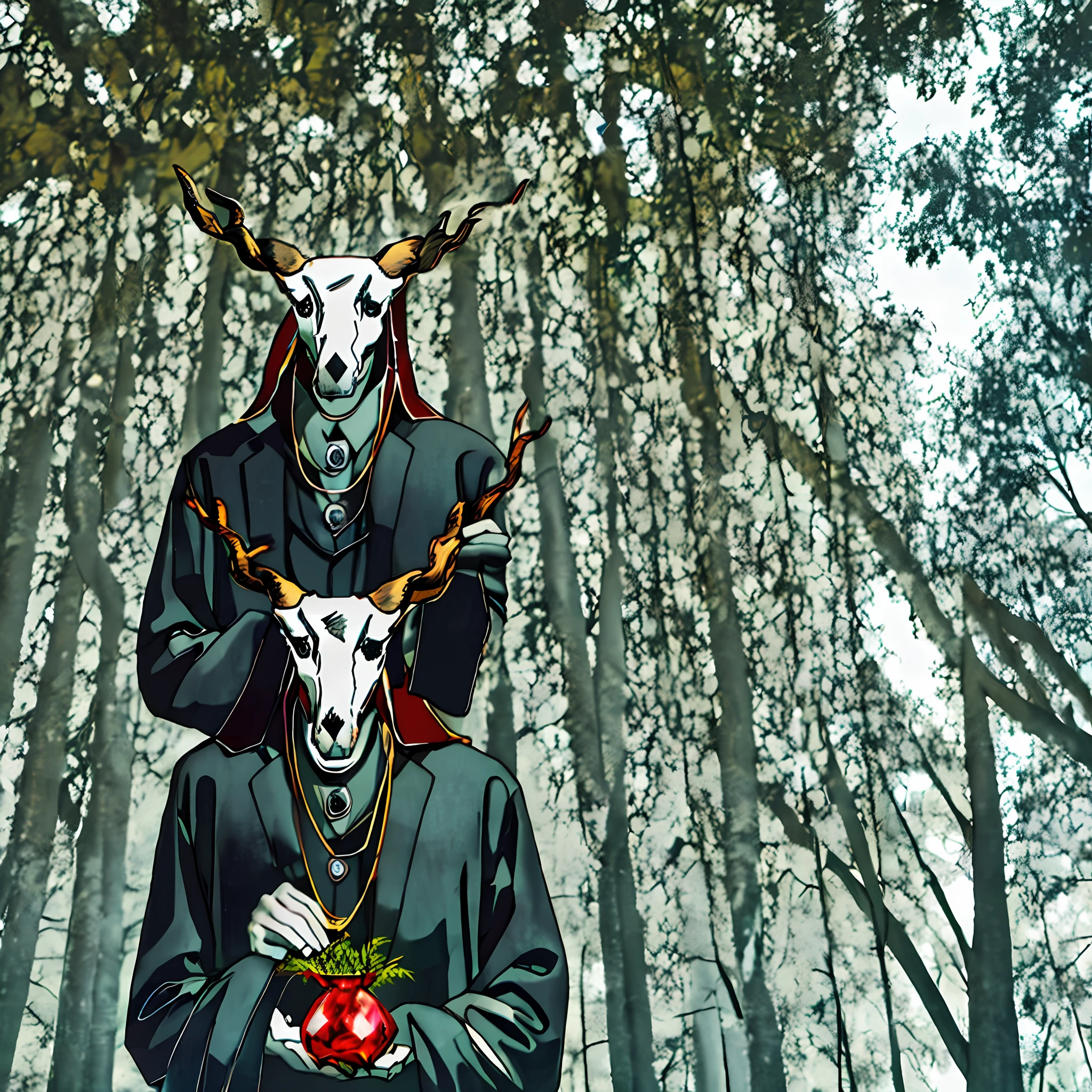 Man with deer skull in place of head, holding a mysterious crystal, red forest forest