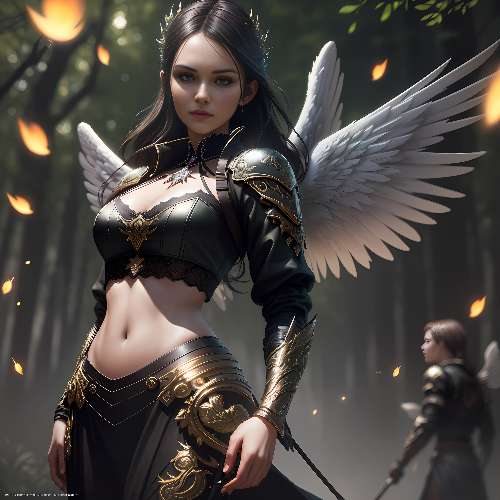modelshoot style, the most beautiful work of art in the world with a (gothic angel cute woman:1.2), 38 years ((midriff exposed)), in front of a beautiful bright forest full of fireflies flying around, large detailed wings, (dark force: 1.3), 35mm lens, f/1.8, 8K, clear facial features, (cinematic action scene:1.2), highlight lighting, Global lighting, trend in ArtStation, trend in CGSociety, Intricate, High Detail, Sharp Focus, (dramatic:1.1), photorealistic painting art by Midjourney and Greg Rutkowski