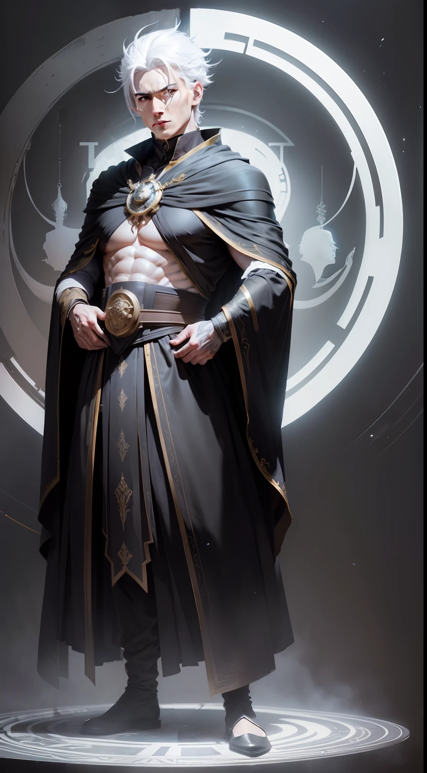 (masterpiece), Character: male, (pay attention to facial details), symmetrical facial features, kind face, sculptural figure, high contrast, fantasy light and shadow, high color saturation, mysterious atmosphere, streamlined posture, black robe all over, white hair, circle hanging from the waist, in front of everyone's eyes, like a god descending to earth.