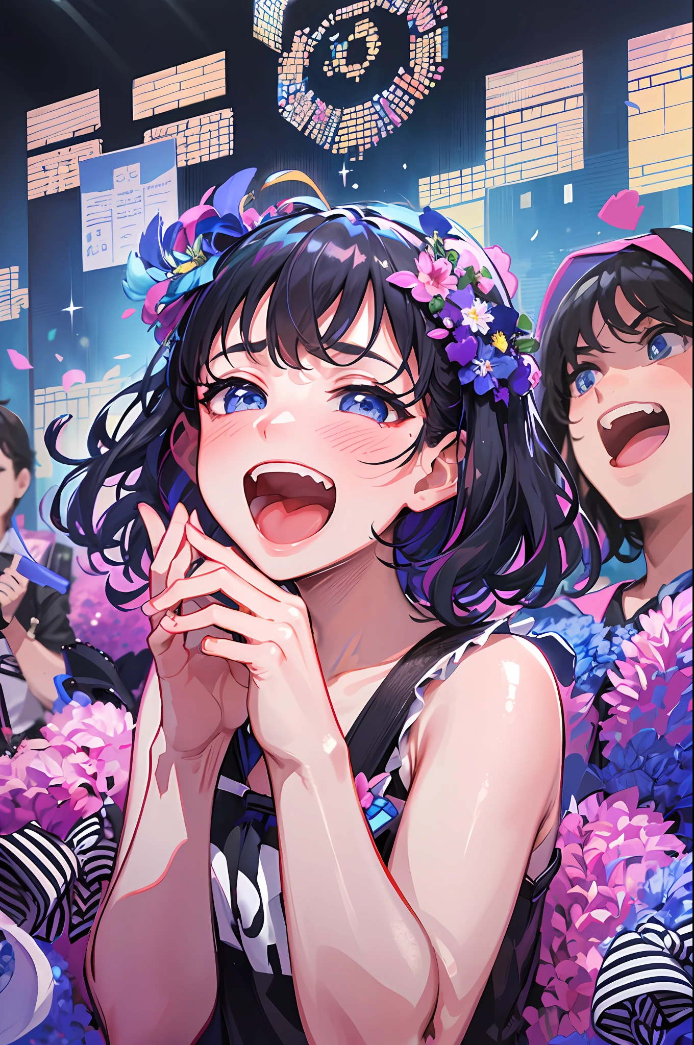 ((masterpiece:1.4, best quality)), ((masterpiece, best quality)), (magnificent panorama view:1.3), (detailed face:1.3), loli face, Cute little girl, 1girl, solo, medium hair, black hair, ordinary idol costume, An idol who dances on stage, live stage, music festival, cute little girl holding a hand microphone to her mouth, (spotlight:1.5), light stick, sky blue eyes, smile, happy, yell, wide shot, perspiration, fine confetti,