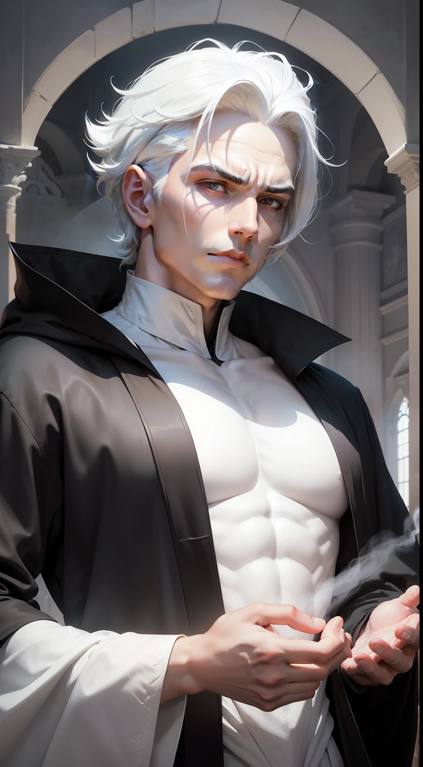 (masterpiece), Character: male, (pay attention to facial details), symmetrical facial features, kind face, sculptural figure, high contrast, fantasy light and shadow, high color saturation, mysterious atmosphere, streamlined posture, black robe all over, white hair, circle hanging from the waist, in front of everyone's eyes, like a god descending to earth.