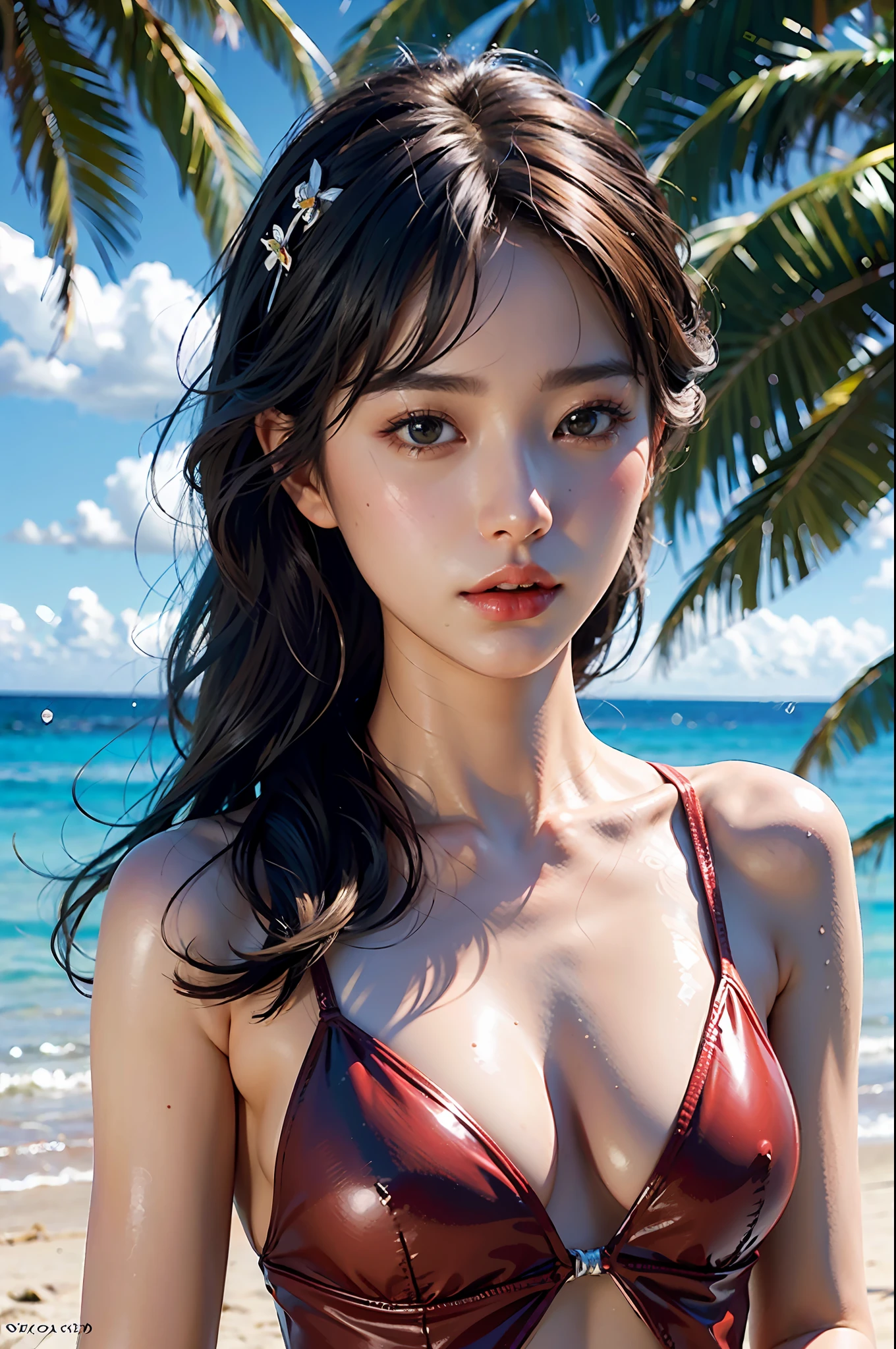 (MASTERPIECE:1.2),(CGI ART:1.3),(REALISTIC:1.5),(POST PROCESSING:1.3),(SHARP FOCUS:1.3),8K,1 girl, ((UPPER BODY)), (Swimsuit) ), (Glossy Skin)))),Beach, (High Shadow Detail) , (Illustration: 1.2), ( ulzzang-6500:1.0)