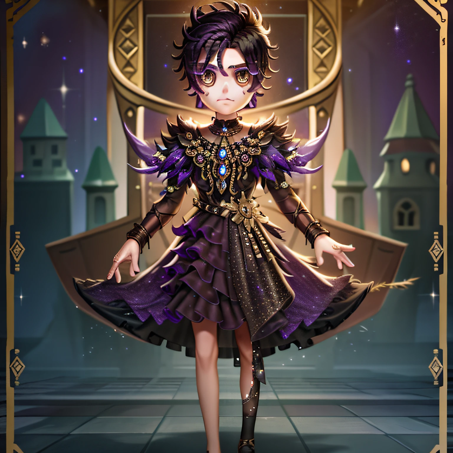 masterpiece, high quality, young boy, glittery black dress, purple hair ornament on head, black hair, facing forward, looking at camera, full body, screen center
