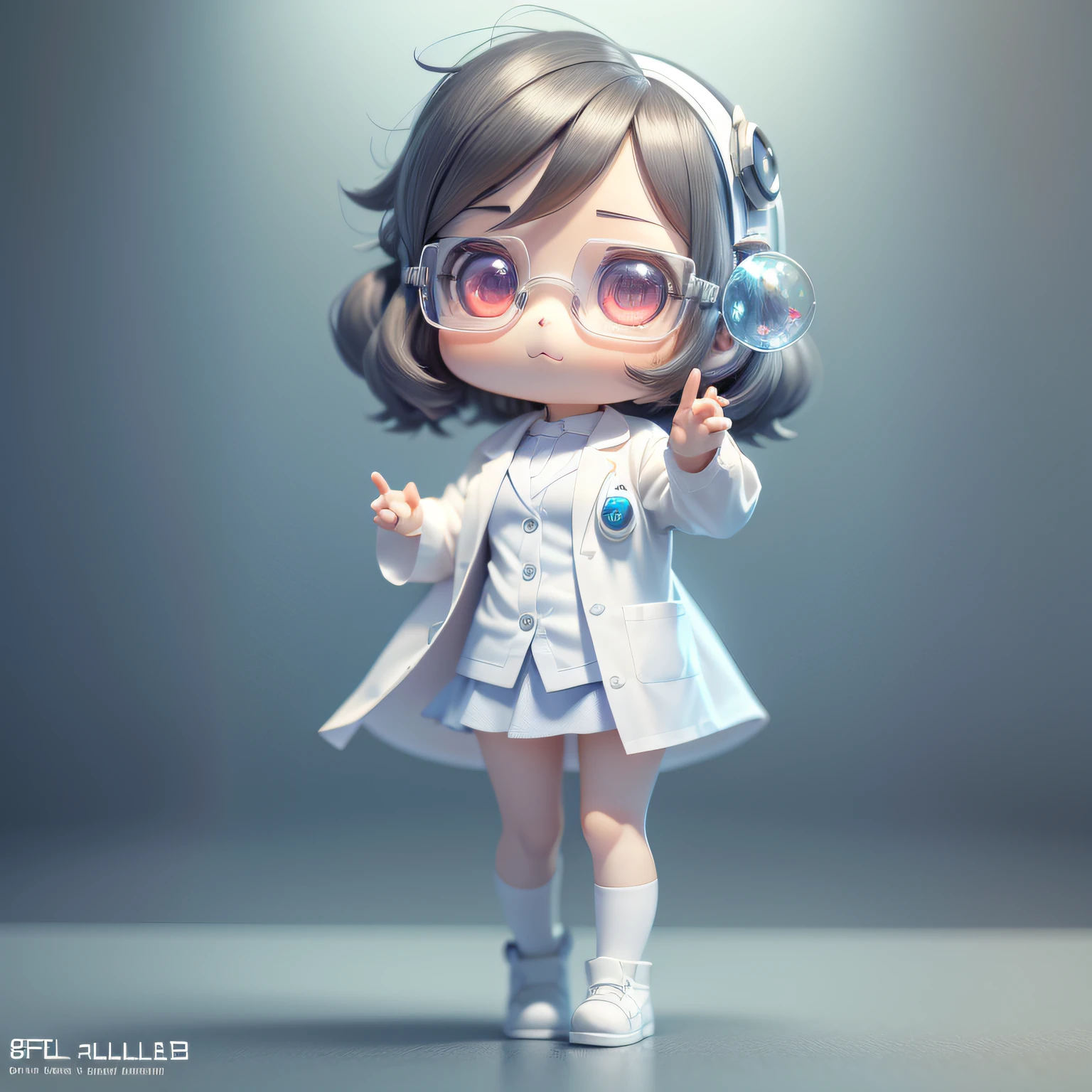 Super cute girl full body 3d drawing, 1 pc, good looking eyes, big eyes, cute, happy, c4d, pop matt blind box, glowing bubble, toy, solid color background, chibi, fluorescent translucency, luminescence, kawaii, doll, ((((scientist, white lab coat))), reference table, pop mart blind box, pixar, complex details, 3d rendering, blender, oc renderer, fol body reference sheet, dribble , High Details, 8K, Studio Lighting, Loli, Petite, Child, Chibi, SD characters: 1.1, Magic Lab background