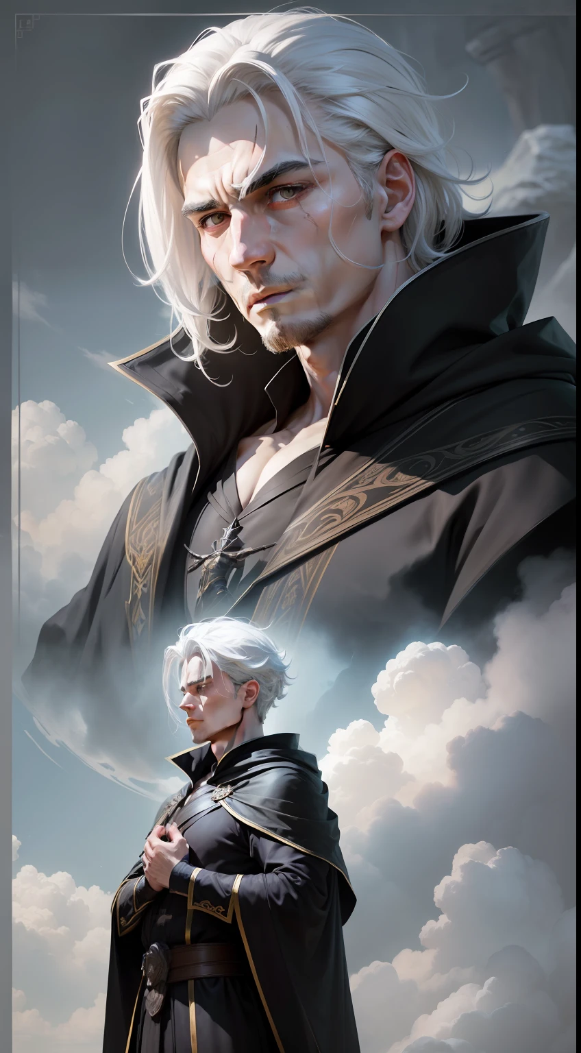 (masterpiece), Character: male, pay attention to facial details, symmetrical facial features, face kindness, sculptural figure, high contrast, fantasy light and shadow, high color saturation, mysterious atmosphere, streamlined posture, black robe, white hair, circle hanging from the waist, in front of everyone, like a god descending to earth.