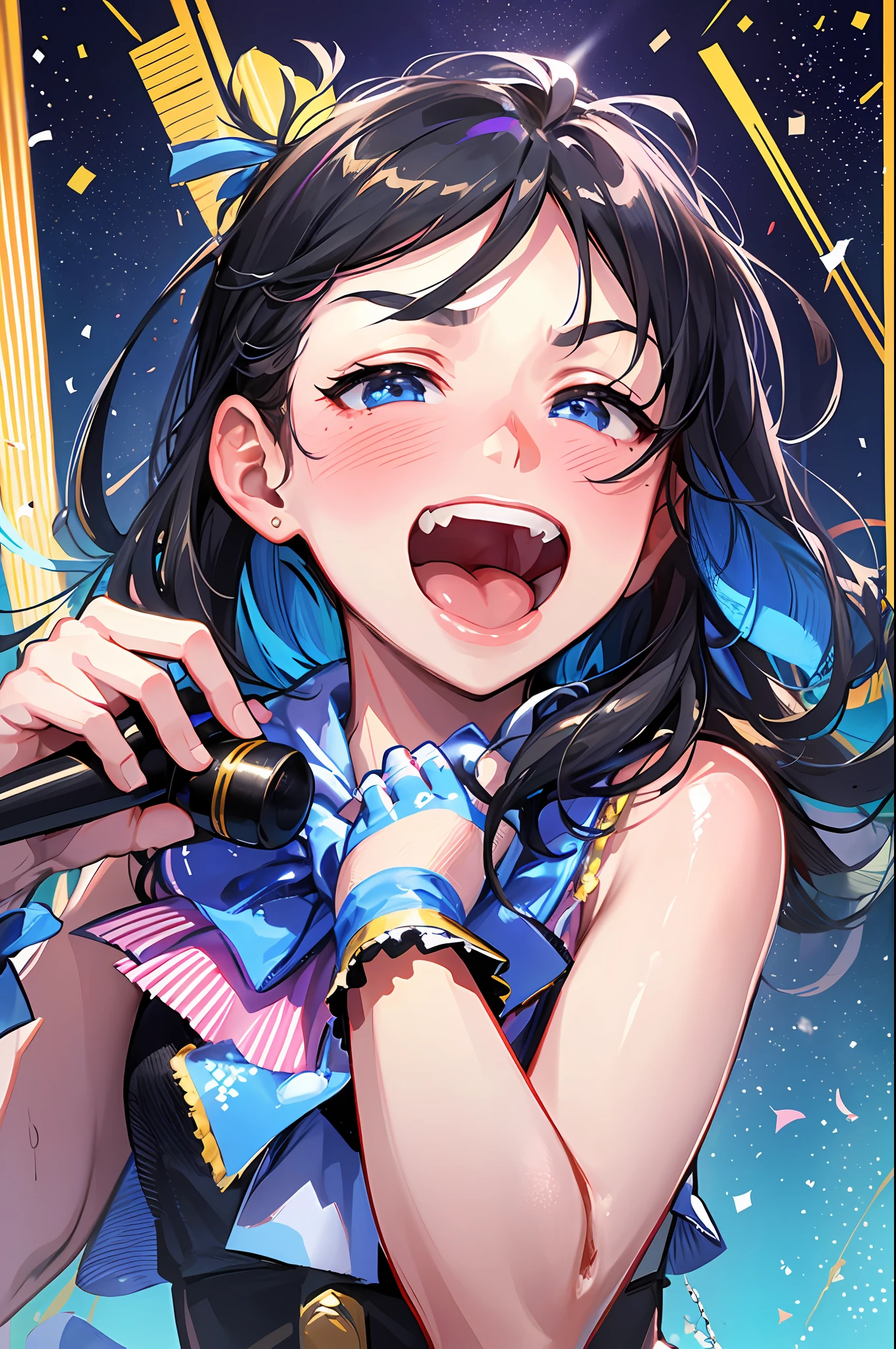 ((masterpiece:1.4, best quality)), ((masterpiece, best quality)), (magnificent panorama view:1.3), (detailed face:1.3), loli face, Cute little girl, 1girl, solo, medium hair, black hair, ordinary idol costume, An idol who dances on stage, live stage, music festival, cute little girl holding a hand microphone to her mouth, (spotlight:1.5), light stick, sky blue eyes, smile, happy, yell, wide shot, perspiration, fine confetti,