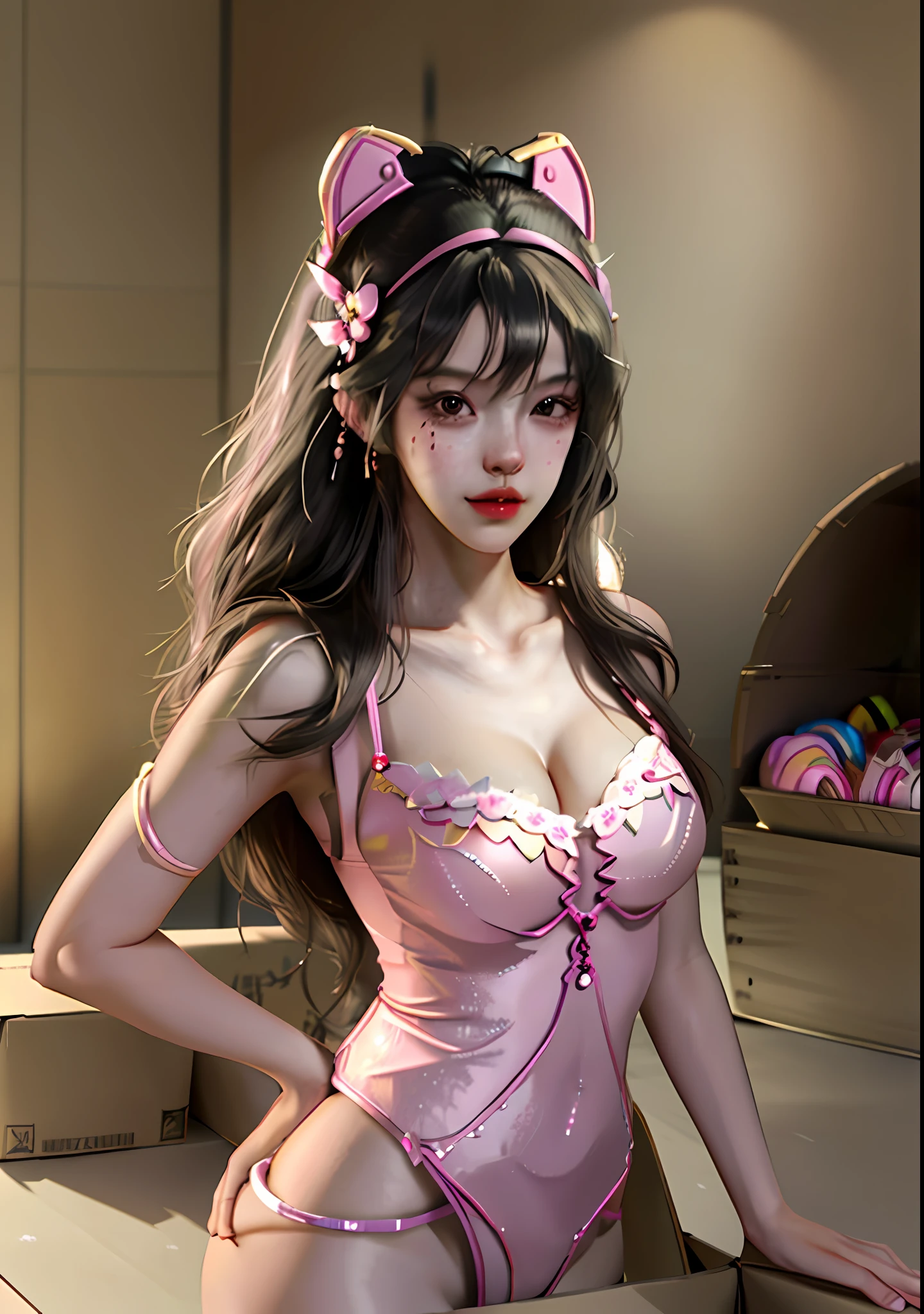 Ecchi hentai, camel toe, panty shot, chest covered in baby oil, large anime style breasts, final fantasy style, unreal engine, girl in a box, surrounded by toys and candy, Lolita style waifu, breasts exposed, cleavage, sexy, attractive, Photorealistic, high resolution, laying inside a cardboard box, highly detailed