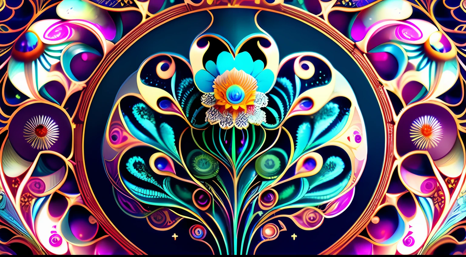 mechanical android flower by, earnst haeckel, james jean. generative art, baroque, intricate patterns, fractalism, movie still, photorealistic, vibrant peacock feathers, intricate, elegant, highly detailed, digital painting, artstation, smooth, sharp focus, illustration, outrun, vaporware