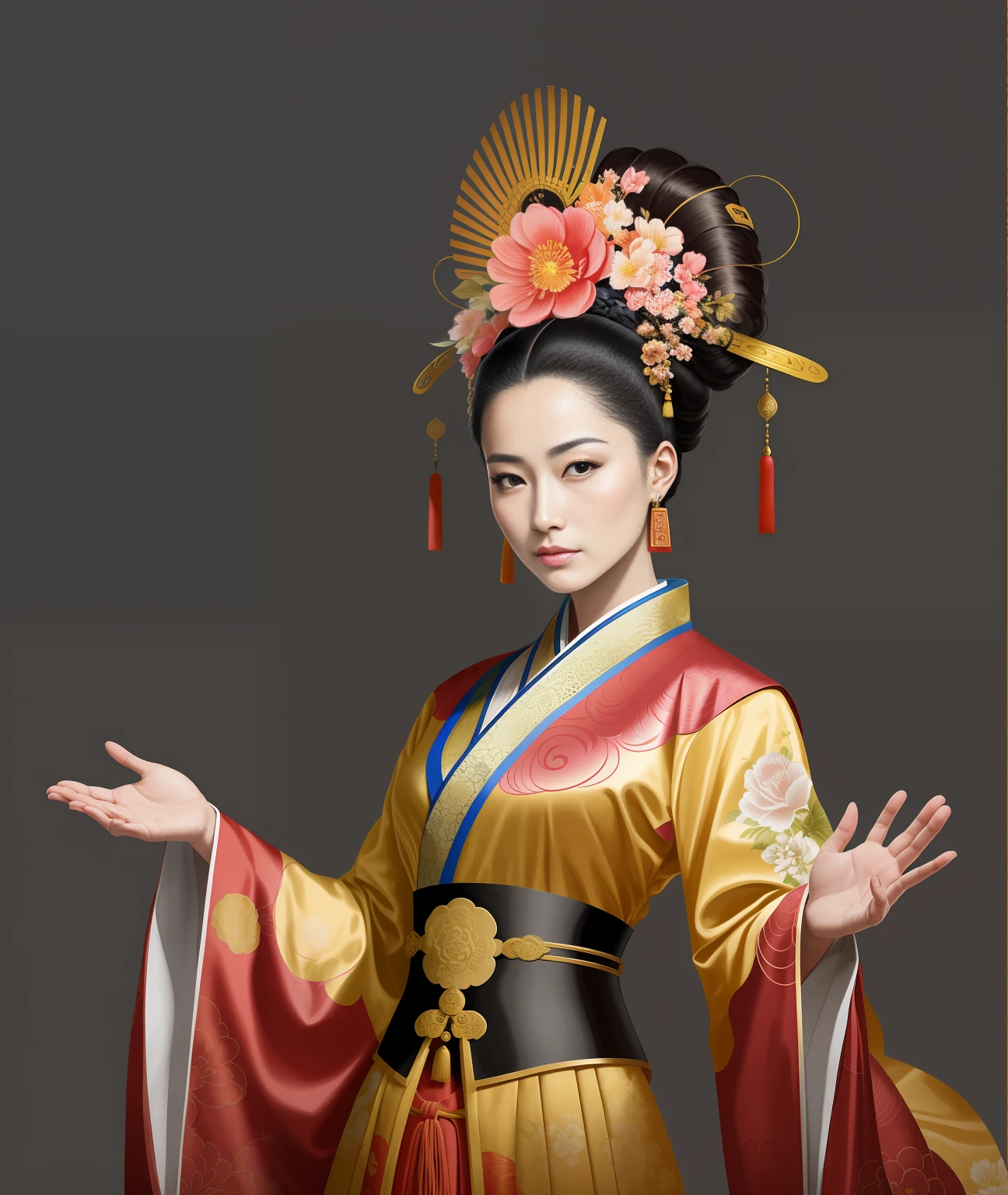 A female emperor in a gorgeous Chinese imperial robe, beautiful figure painting, female emperor of the Tang Dynasty, Wu Zetian, palace, a girl with a large number of patterns and details on her clothes, a girl in gorgeous costume, a work of art in the style of Guwiz, Hanfu, Guwiz, wearing ancient Chinese costumes, with a pattern of flowers on her clothes, beautiful anime portraits, traditional beauty, inspired by Max Magnus Norman, complete portrait of an electronic master, inspired by Jean Bello, Nicolas Tesla, Gillam Pongiruppi, portrait of a character, Louis Ricardo Farero, epic elegant portrait, Santiago Martínez Delgado, Frank Xavier-Linedecker style digital figure concept art, science illustration, Magali Villeneuve, Walt Disney, texture of more brushstrokes, simplified and stylized portrait, American comics, animation energy, ambient light not strong, photo texture on costumes not strong, hand drawn