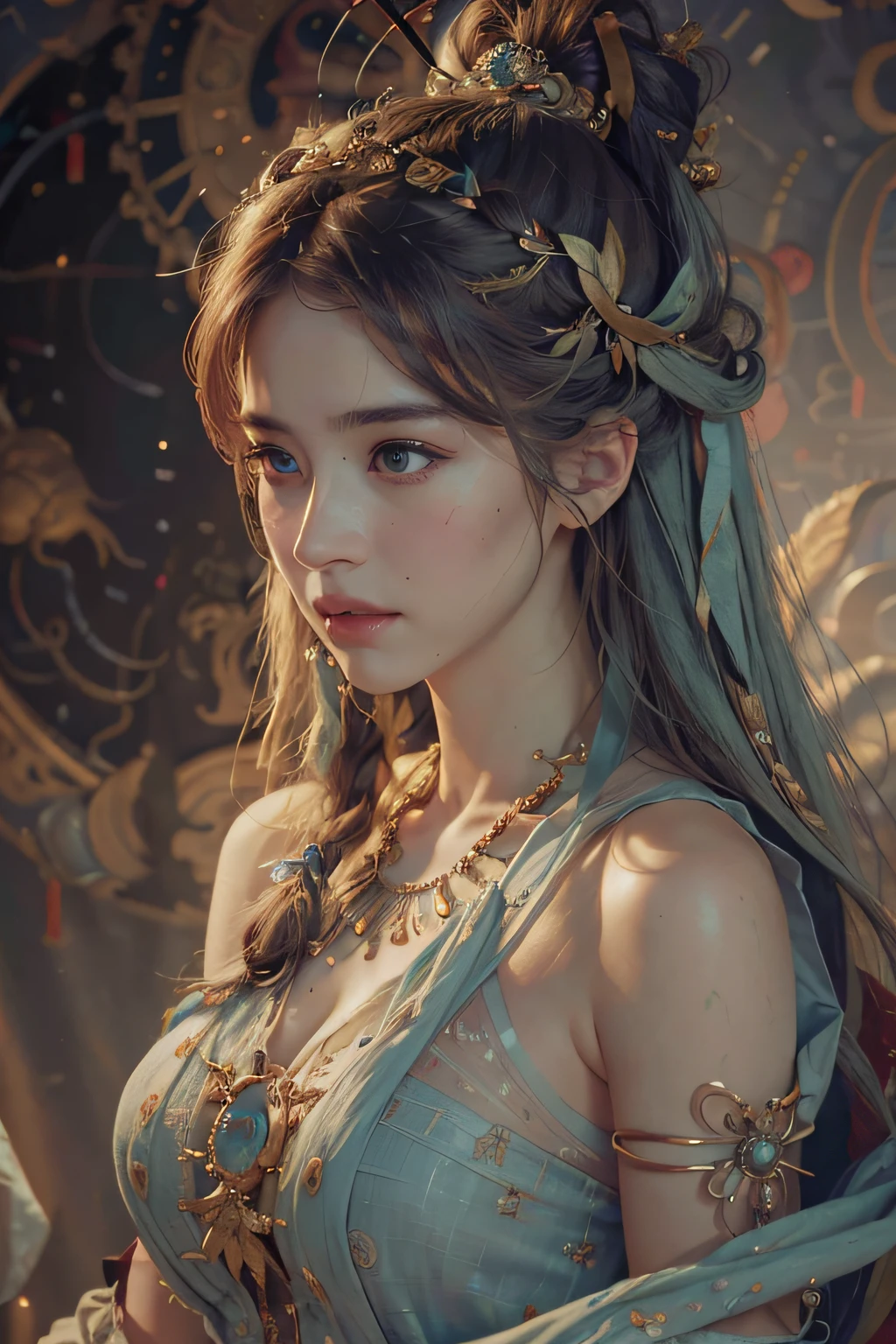 (RAW photo, best quality), (realistic, photo-realistic:1.3),best quality,highly detailed,masterpiece,ultra-detailed,illustration,1girl,upper_body,dynamic angle,world masterpiece theater,messy_long_hair,best quality,extremely detailed CG unity 8k wallpaper,ink,Amazing,cinematic lighting,lens_flare,,dunhuang_style