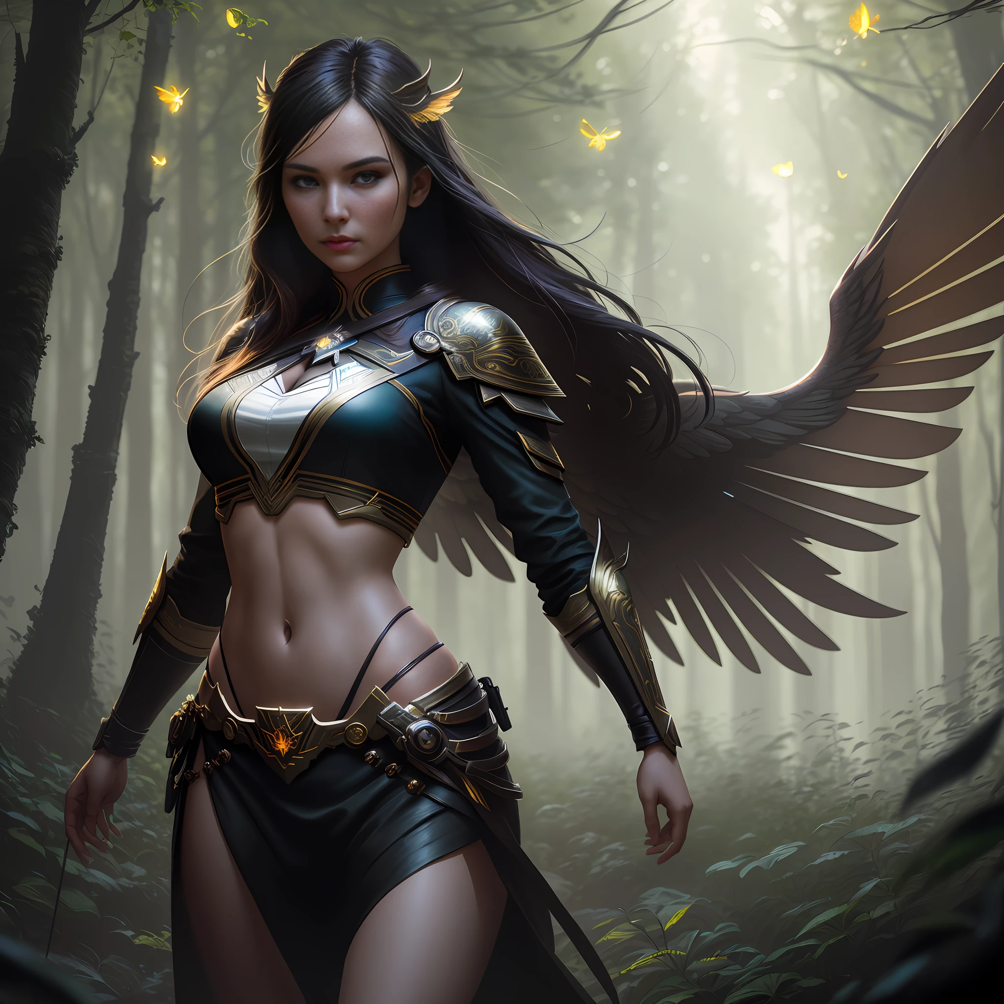 modelshoot style, the most beautiful work of art in the world with a (huntress woman:1.2), 38 years ((midriff exposed)), in front of a beautiful bright forest full of fireflies flying around, large detailed wings, (dark force: 1.3), 35mm lens, f/1.8, 8K, light facial features, (cinematic action scene:1.2), accent lighting, global lighting,  trend in ArtStation, trend in CGSociety, Intricate, High Detail, Sharp Focus, (dramatic:1.1), photorealistic painting art by Midjourney and Greg Rutkowski