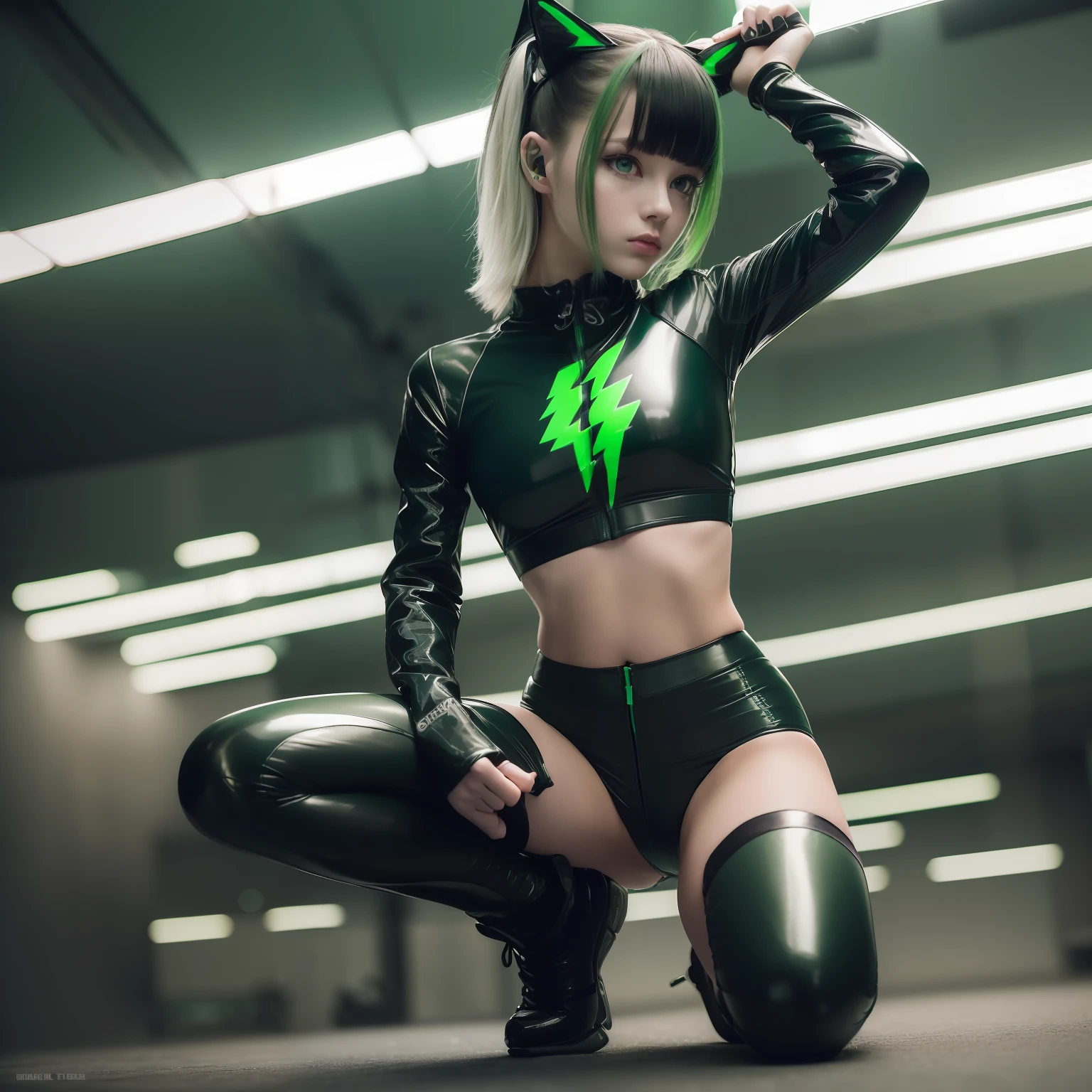 Cyberpunk Edge Runners, 1 Girl, Lucy \ (Cyberpunk \), Green Eyes, Cyber Eye, , Pale Skin, Petite Figure, (Medium Chest, Wild Girl, Small Head)), Sunlight, Sunlight, (Perfect Body: 1,1), (Young), (Short Wavy Hair: 1,2), ((Green and Black Two-Tone Hair)), (Hair with Bangs)), Collar, Full Length, Crowded Street Black latex panties, (wearing tight cropped ((green lightning pattern, black latex sports bra), (black latex panties)), (highly detailed CG 8k wallpaper), (very delicate and beautiful), (masterpiece), (best quality: 1.0), (super high definition: 1.0), gorgeous lighting, perfect flash, realistic shadows, [high resolution], detail skin, Very detailed, pale skin, barefoot,(green cat ears)