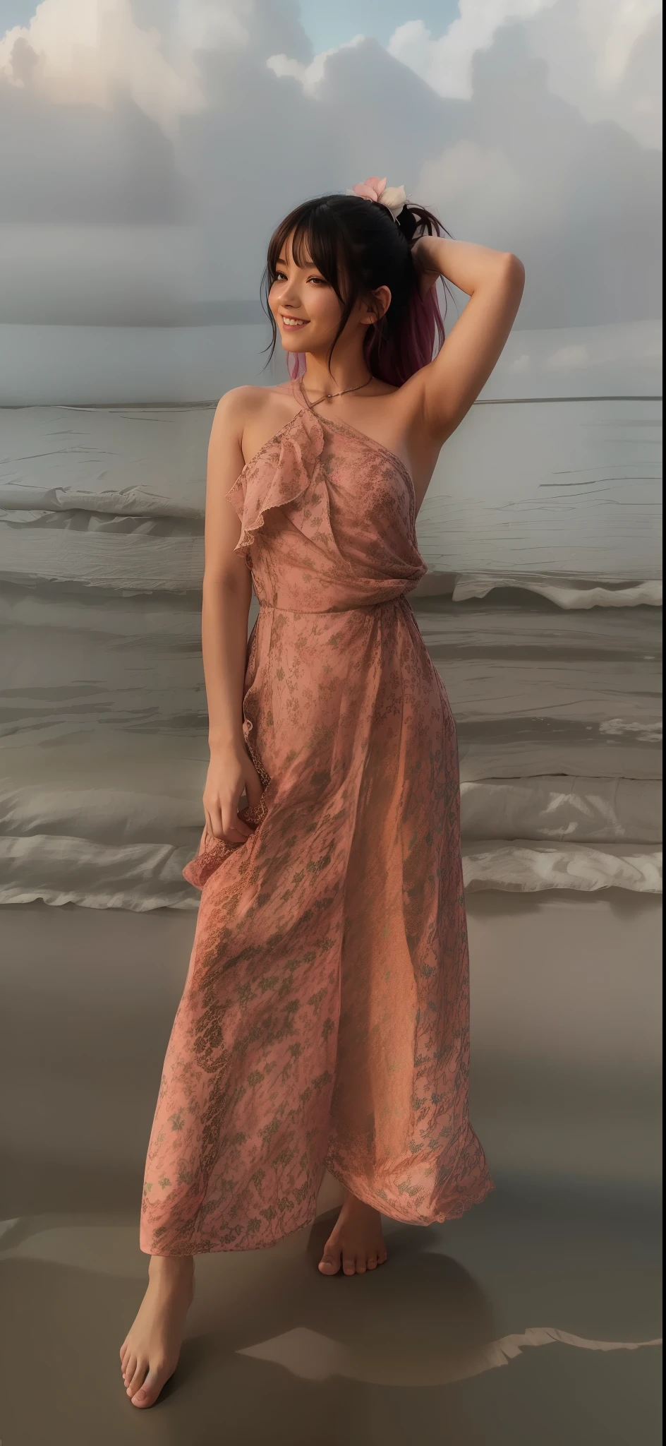 1girl, animal ears, barefoot, bed, bed sheet, canopy bed, curtain grab, curtains, covered navel, covered, on bed, pink hair, sheet grab, sitting, smile, solo, tail, lily_\(flower\), looking a viewer, (flat chest:1.2), see-through, solo, beautiful and delicate detailed girl, illustration, unity 8k wallpaper, masterpiece, best quality, (upper body:1.6),