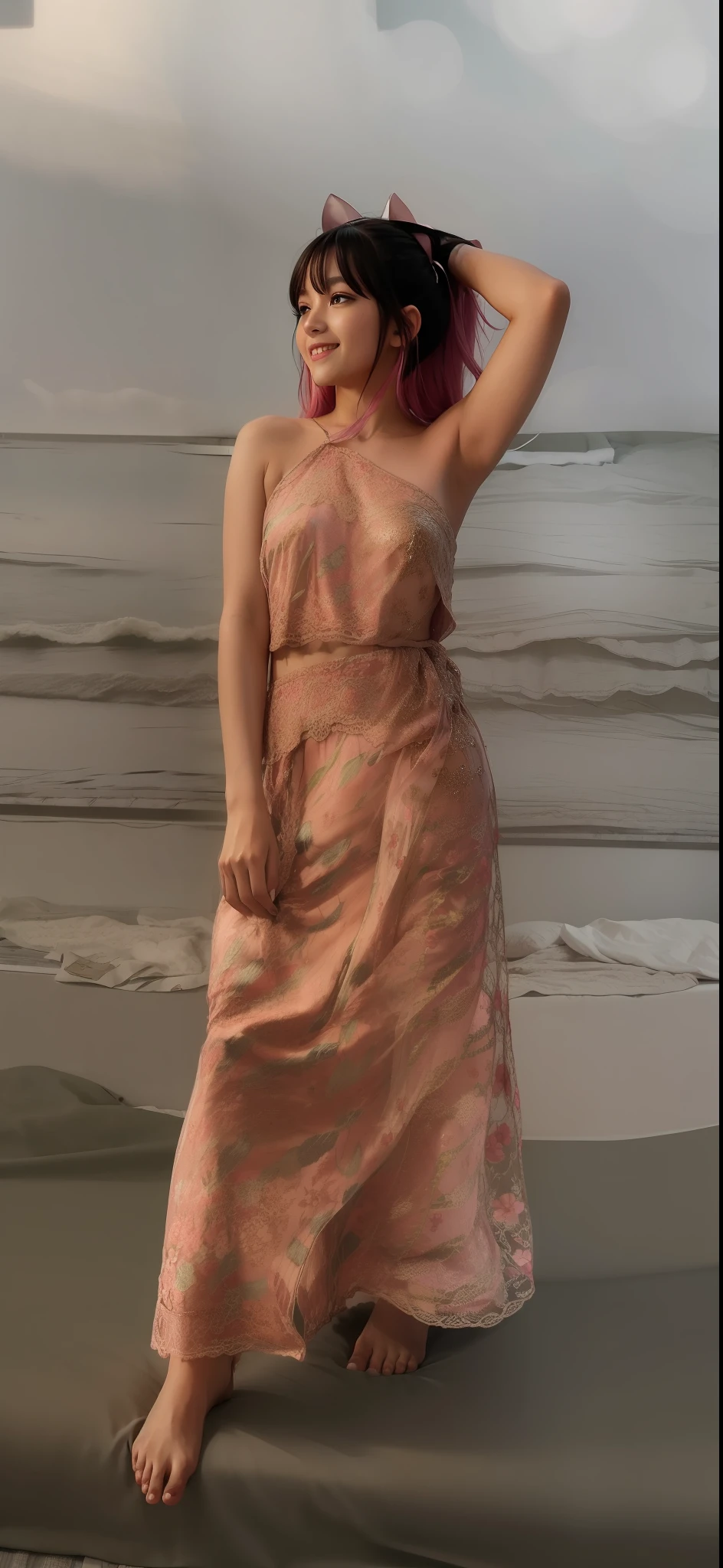 1girl, animal ears, barefoot, bed, bed sheet, canopy bed, curtain grab, curtains, covered navel, covered, on bed, pink hair, sheet grab, sitting, smile, solo, tail, lily_\(flower\), looking a viewer, (flat chest:1.2), see-through, solo, beautiful and delicate detailed girl, illustration, unity 8k wallpaper, masterpiece, best quality, (upper body:1.6),