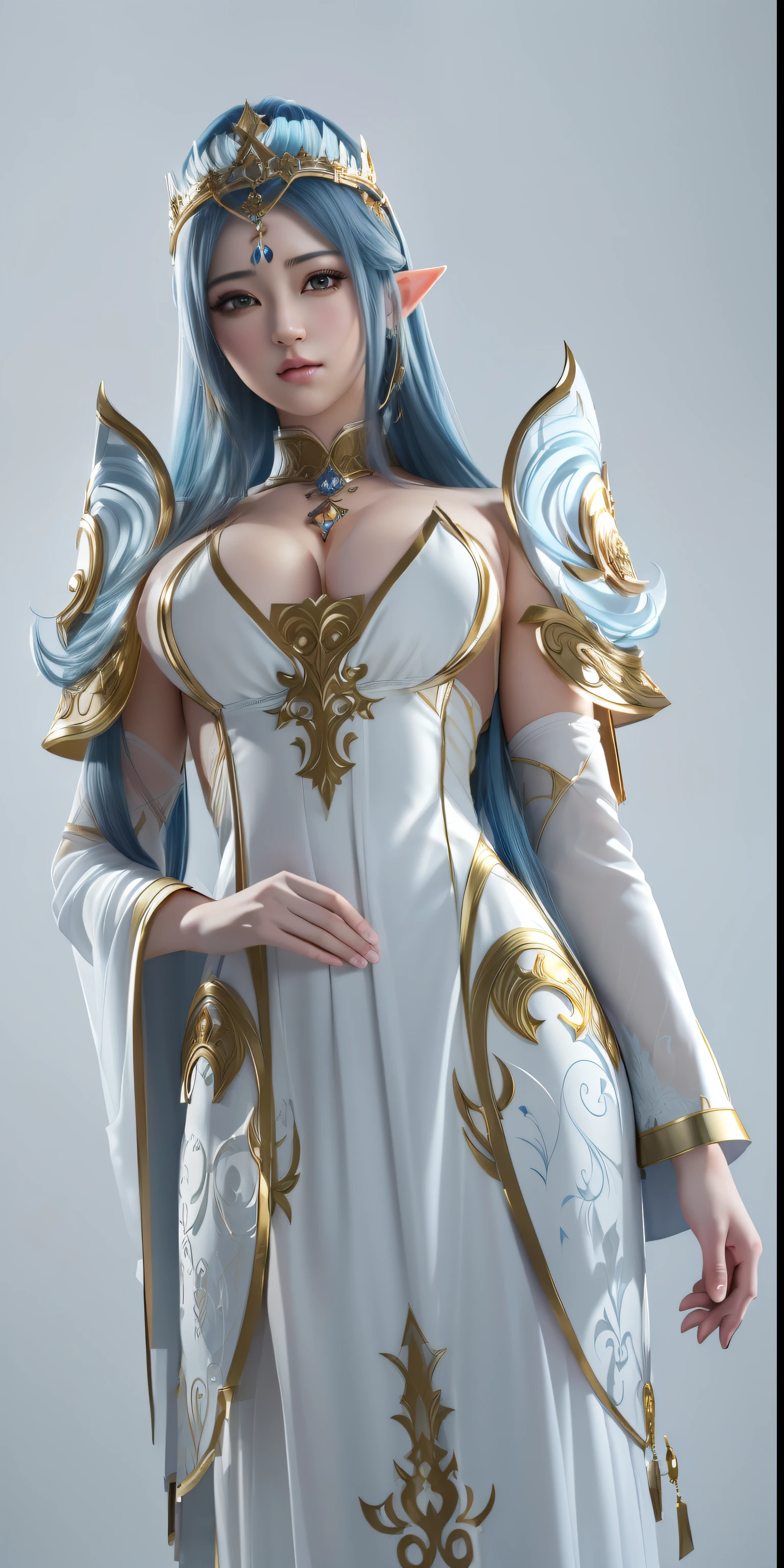 (masterpiece:1.4), (8k, photorealistic, RAW photo, best quality: 1.4), japanese, arafed woman in a white dress with gold accents and a crown, a beautiful fantasy empress, 3D render character art 8 k, unreal engine render + a goddess, beautiful and elegant elf queen, ((a beautiful fantasy empress)), ornate cosplay, fanart best artstation, hyperdetailed fantasy character, irelia from league of legends, goddess, beautiful face, (realistic face:1.4), (high detailed hair:1.3), beautiful hairstyle, realistic eyes, beautiful detailed eyes, (realistic skin:1.3), beautiful skin, attractive, ultra high res, ultra realistic, highly detailed, golden ratio, (detailed face:1.4), (realistic medium breasts:1.4), (braless:1.4), perky_nipples.