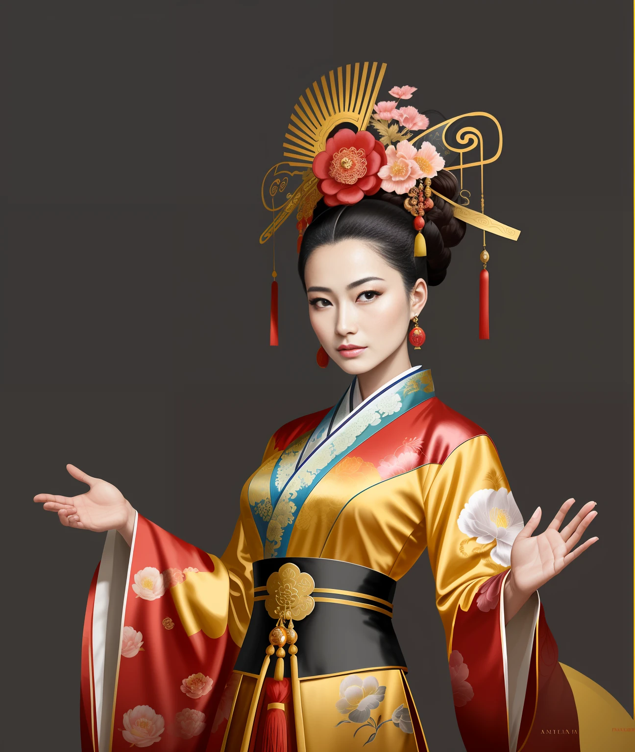 A female emperor in a gorgeous Chinese imperial robe, beautiful character painting, female emperor of the Tang Dynasty, Wu Zetian, palace, clothes with Chinese dragon motifs, clothes with a large number of patterns and details, gorgeous costumed girl, Guwiz style artwork, Hanfu, Guwiz, wearing ancient Chinese costumes, patterns of flowers on clothes, beautiful anime portraits, traditional beauty, inspired by Max Magnus Norman, complete portrait of an electronic master, inspired by Jean Bello, Nicolas Tesla, Guillium Pongirupi, Portrait of the character, Luis Ricardo Farero, portrait of epic elegance, Santiago Martínez Delgado, Frank Xavier-Linendker style digital figure concept art, scientific illustration, Magali Villeneuve, Walt Disney, texture of more brushstrokes, simplified and stylized portrait, American comics, animation energy, ambient light is not strong, photo texture on costumes is not strong, hand drawn