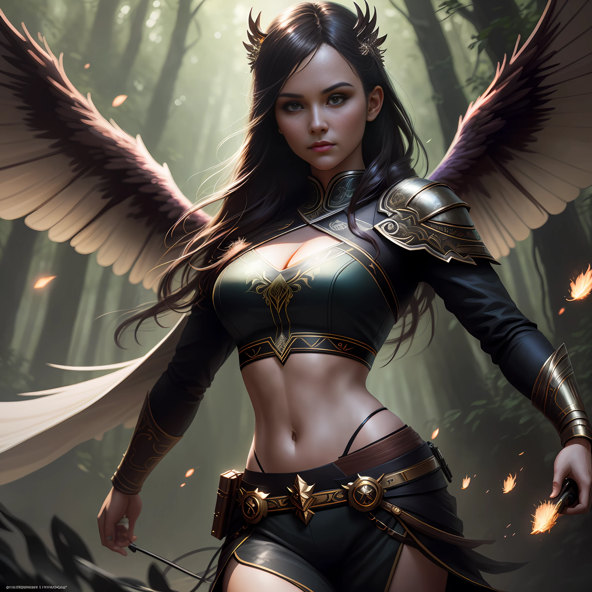 modelshoot style, the most beautiful work of art in the world with a (huntress woman:1.2), 38 years ((midriff exposed)), in front of a beautiful bright forest full of fireflies flying around, large detailed wings, (dark force: 1.3), 35mm lens, f/1.8, 8K, light facial features, (cinematic action scene:1.2), accent lighting, global lighting, trend in ArtStation, trend in CGSociety, Intricate, High Detail, Sharp Focus, (dramatic:1.1), photorealistic painting art by Midjourney and Greg Rutkowski