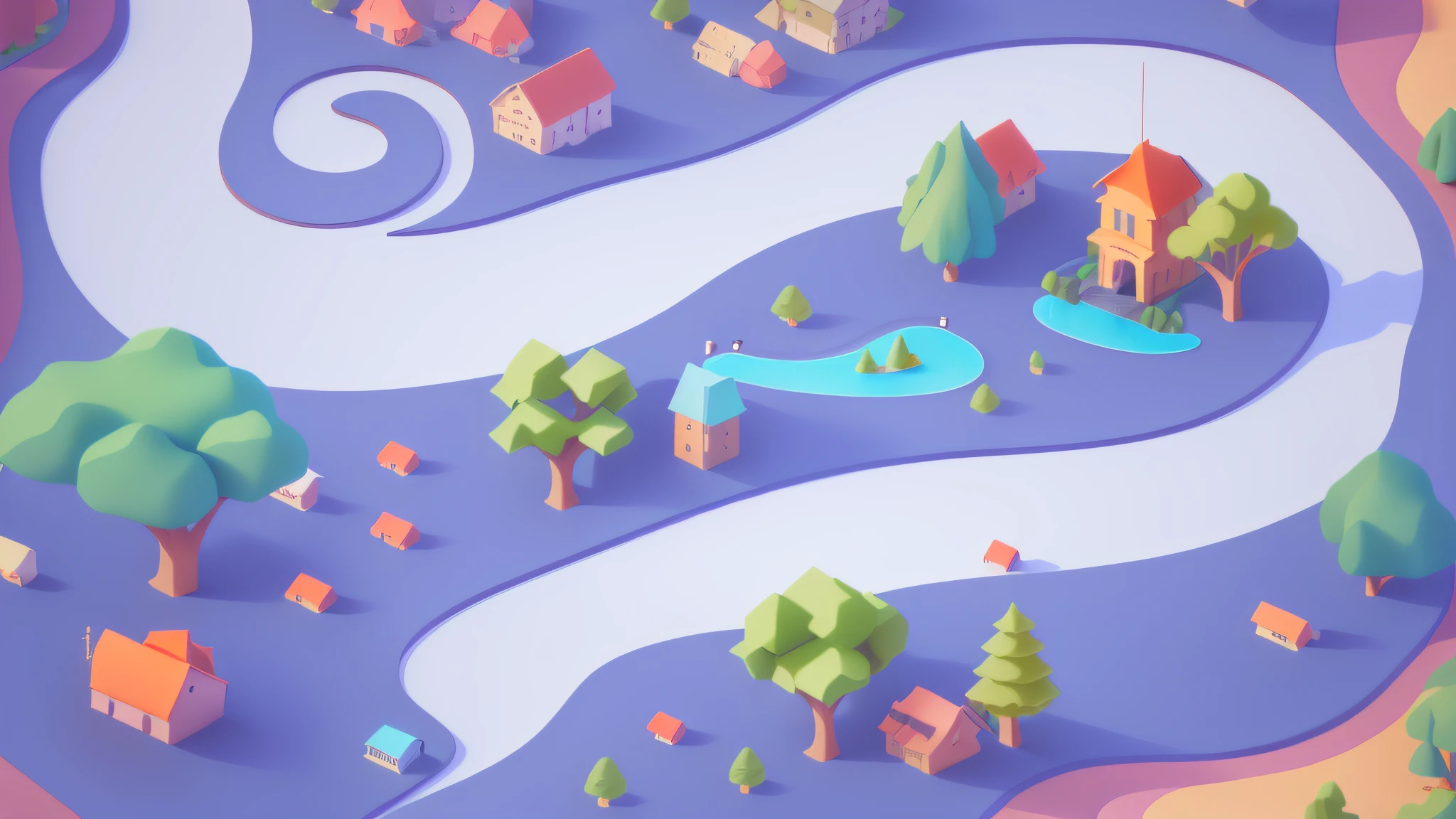 there is a map of a small town with a river and trees, 2d matte illustration, 3d matte illustration, detailed 2d illustration, isometric illustration fun, prerendered isometric graphics, stylized 3 d graphics, 2 d illustration, 2d illustration, an isometric fantasy map, stylized 3d render, stylized as a 3d render