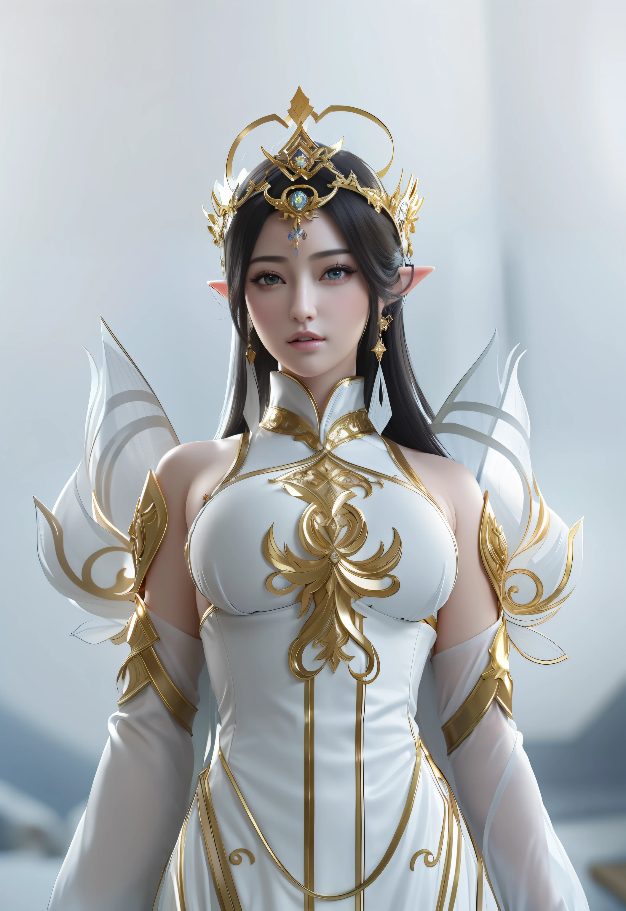 (masterpiece:1.4), (8k, photorealistic, RAW photo, best quality: 1.4), japanese, arafed woman in a white dress with gold accents and a crown, a beautiful fantasy empress, 3D render character art 8 k, unreal engine render + a goddess, beautiful and elegant elf queen, ((a beautiful fantasy empress)), ornate cosplay, fanart best artstation, hyperdetailed fantasy character, irelia from league of legends, goddess, beautiful face, (realistic face:1.4), (high detailed hair:1.3), beautiful hairstyle, realistic eyes, beautiful detailed eyes, (realistic skin:1.3), beautiful skin, attractive, ultra high res, ultra realistic, highly detailed, golden ratio, (detailed face:1.4), (realistic medium breasts:1.4), (braless:1.4), perky_nipples.