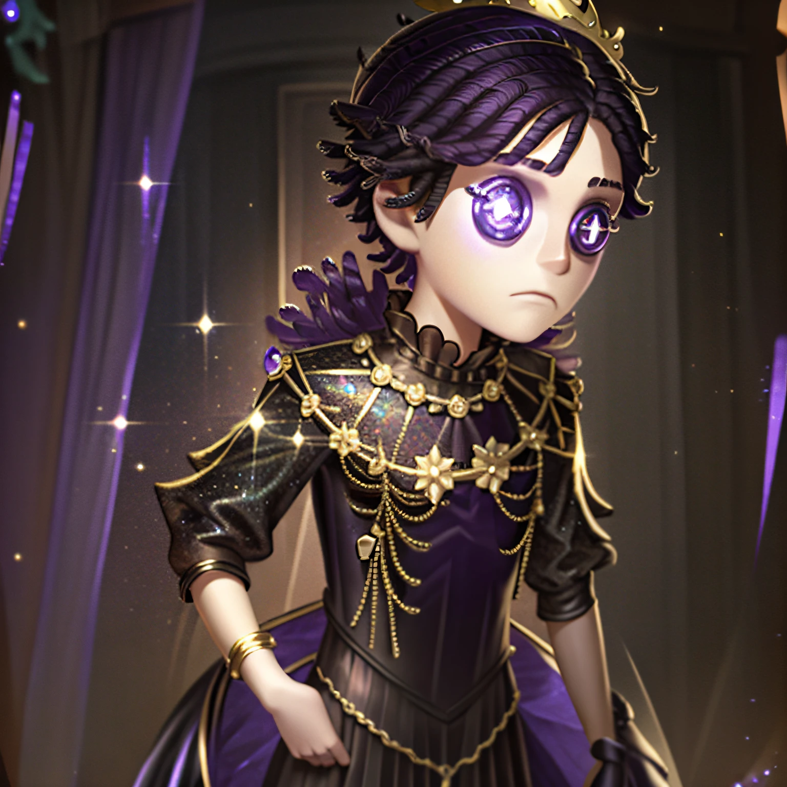Masterpiece, high quality, young boy, little sparkly black dress, purple hair ornament on head, black hair, facing forward, looking at camera, full body, screen center