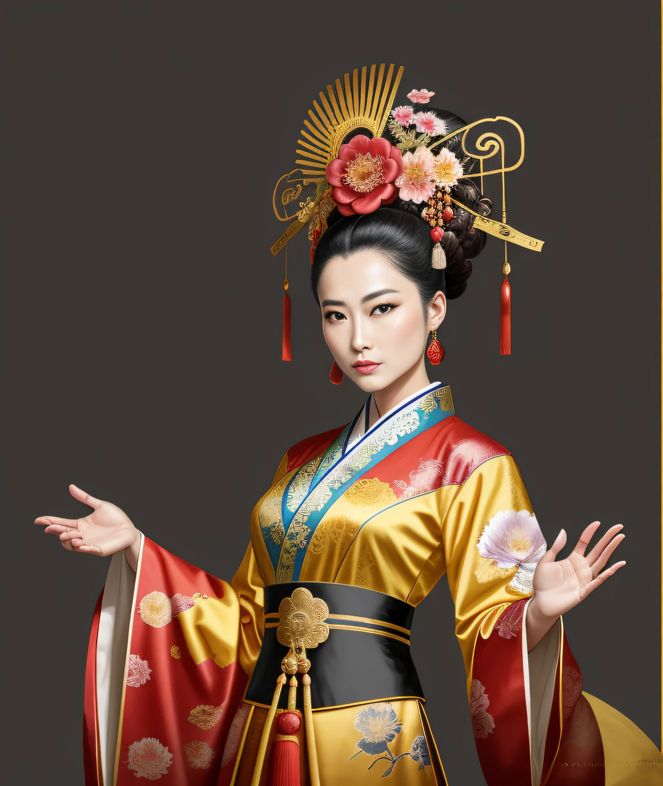 A female emperor in a gorgeous Chinese imperial robe, beautiful character painting, female emperor of the Tang Dynasty, Wu Zetian, palace, clothes with Chinese dragon motifs, clothes with a large number of patterns and details, gorgeous costumed girl, Guwiz style artwork, Hanfu, Guwiz, wearing ancient Chinese costumes, patterns of flowers on clothes, beautiful anime portraits, traditional beauty, inspired by Max Magnus Norman, complete portrait of an electronic master, inspired by Jean Bello, Nicolas Tesla, Guillium Pongirupi, Portrait of the character, Luis Ricardo Farero, portrait of epic elegance, Santiago Martínez Delgado, Frank Xavier-Linendker style digital figure concept art, scientific illustration, Magali Villeneuve, Walt Disney, texture of more brushstrokes, simplified and stylized portrait, American comics, animation energy, ambient light is not strong, photo texture on costumes is not strong, hand drawn