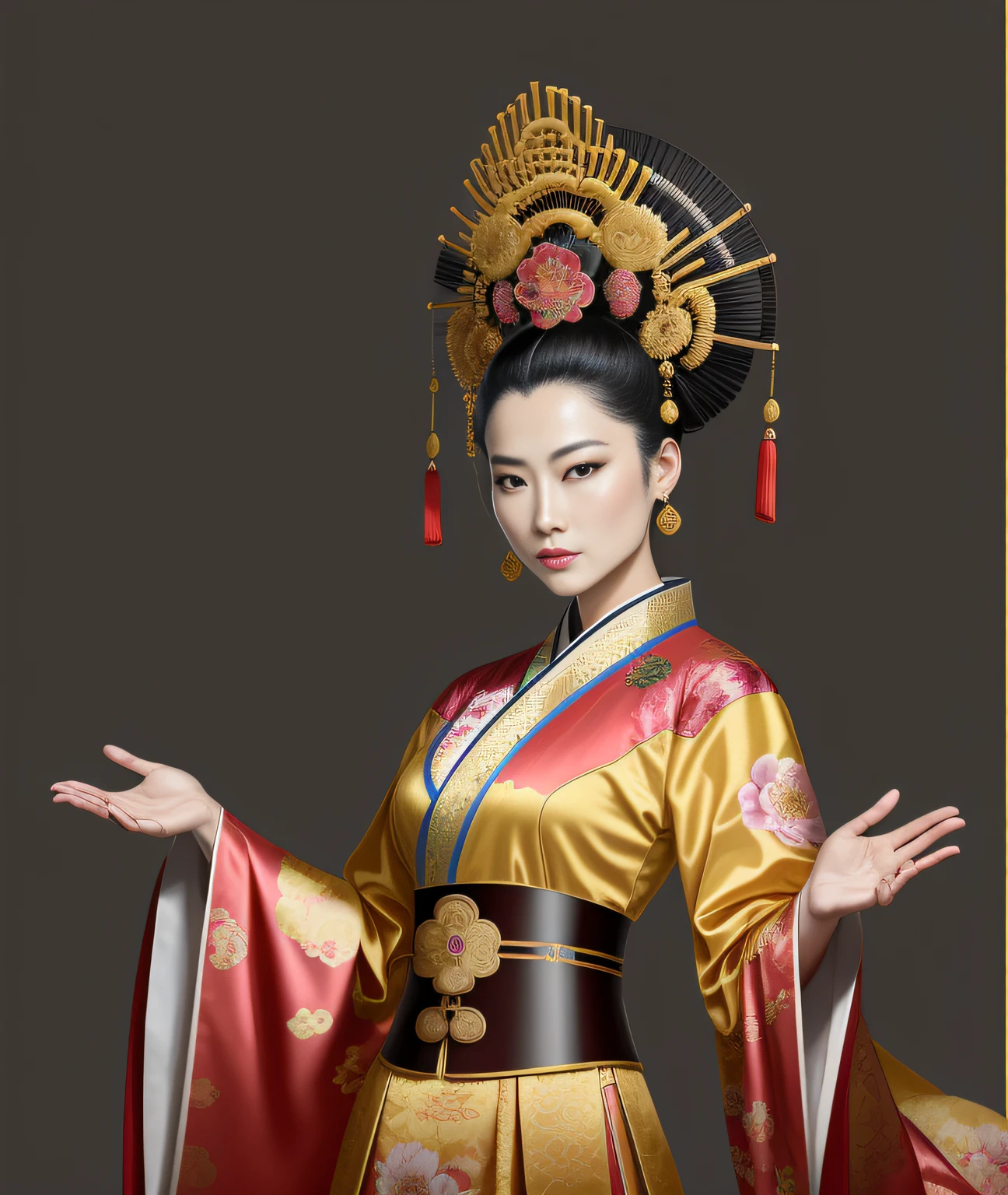 A female emperor in a gorgeous Chinese imperial robe, beautiful character painting, female emperor of the Tang Dynasty, Wu Zetian, palace, clothes with Chinese dragon motifs, clothes with a large number of patterns and details, gorgeous costumed girl, Guwiz style artwork, Hanfu, Guwiz, wearing ancient Chinese costumes, patterns of flowers on clothes, beautiful anime portraits, traditional beauty, inspired by Max Magnus Norman, complete portrait of an electronic master, inspired by Jean Bello, Nicolas Tesla, Guillium Pongirupi, Portrait of the character, Luis Ricardo Farero, portrait of epic elegance, Santiago Martínez Delgado, Frank Xavier-Linendker style digital figure concept art, scientific illustration, Magali Villeneuve, Walt Disney, texture of more brushstrokes, simplified and stylized portrait, American comics, animation energy, ambient light is not strong, photo texture on costumes is not strong, hand drawn