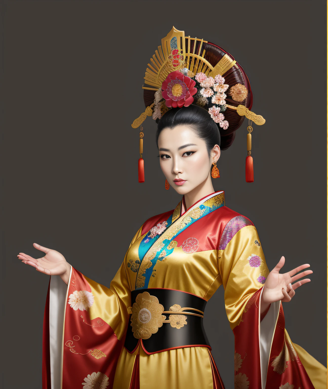 A female emperor in a gorgeous Chinese imperial robe, beautiful character painting, female emperor of the Tang Dynasty, Wu Zetian, palace, clothes with Chinese dragon motifs, clothes with a large number of patterns and details, gorgeous costumed girl, Guwiz style artwork, Hanfu, Guwiz, wearing ancient Chinese costumes, patterns of flowers on clothes, beautiful anime portraits, traditional beauty, inspired by Max Magnus Norman, complete portrait of an electronic master, inspired by Jean Bello, Nicolas Tesla, Guillium Pongirupi, Portrait of the character, Luis Ricardo Farero, portrait of epic elegance, Santiago Martínez Delgado, Frank Xavier-Linendker style digital figure concept art, scientific illustration, Magali Villeneuve, Walt Disney, texture of more brushstrokes, simplified and stylized portrait, American comics, animation energy, ambient light is not strong, photo texture on costumes is not strong, hand drawn