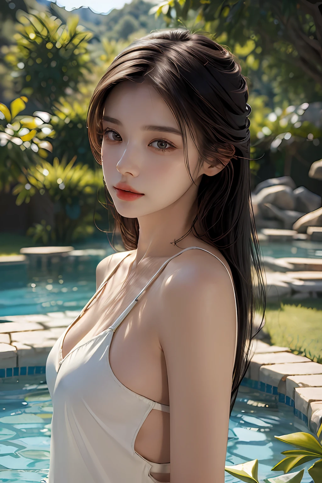 ((Best quality, 8k, Masterpiece :1.3)), 1girl, pretty woman:1.3, huge breasts:1.2, seductive pose, swimming pool, richly detailed clothes, ultra-detailed face, highly detailed lips, detailed eyes, double eyelids, happy