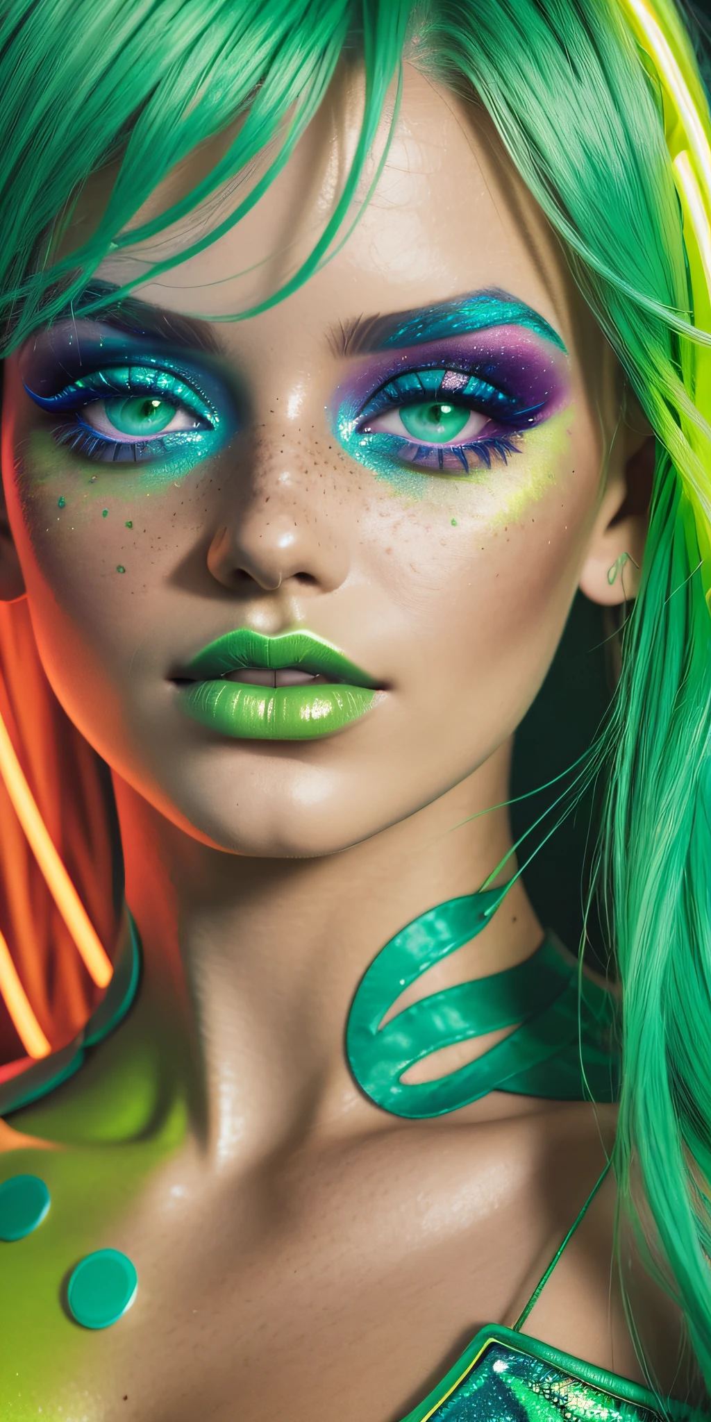 Beautiful close-up on a green background. Blond model with bright orange makeup. Creative makeup. Fake freckles moist glowing skin. Fashion editorial And high quality, high quality. Clear, true colors and nature background
(neon yellow, neon green, neon blue)