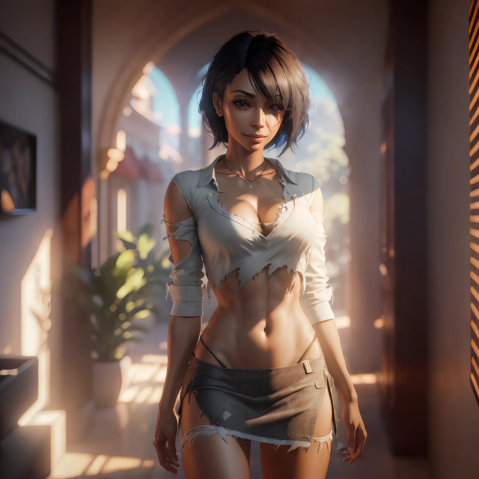 (tamara taylor),(shredded shirt: 1.8), (torn miniskirt: 1.8), smiling, (beautiful eyes: 1.3), ((focus on eyes and mouth)), shy, (groin: 1.7), (groin: 1.5), bathroomclavicle, belly button, natural light, extremely detailed, 8yk, raw photo, high level of detail, (ray tracing), (masterpiece), (best quality), high resolution, (realistic: 1.4), physically based representation, ultra-realistic, full body --auto --s2