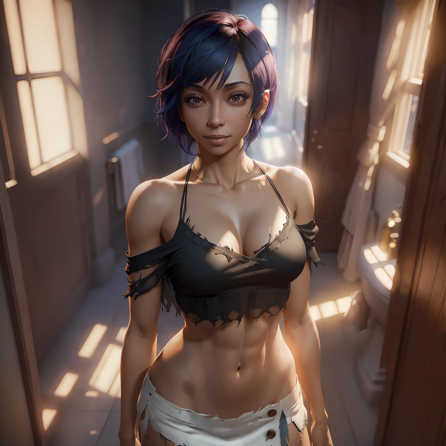 (tamara taylor),(shredded shirt: 1.8), (torn miniskirt: 1.8), smiling, (beautiful eyes: 1.3), ((focus on eyes and mouth)), shy, (groin: 1.7), (groin: 1.5), bathroomclavicle, belly button, natural light, extremely detailed, 8yk, raw photo, high level of detail, (ray tracing), (masterpiece), (best quality), high resolution, (realistic: 1.4), physically based representation, ultra-realistic, full body --auto --s2