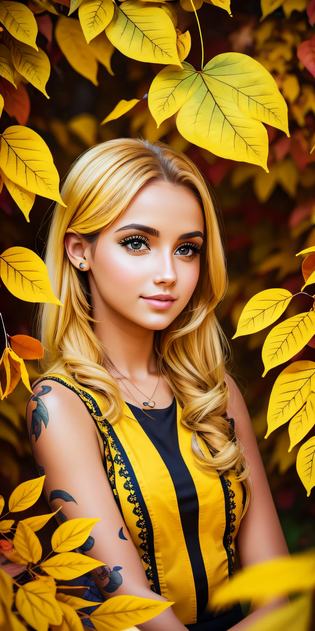 Beautiful girl in yellow leaves High quality and high quality. Clear, true colors and a natural background