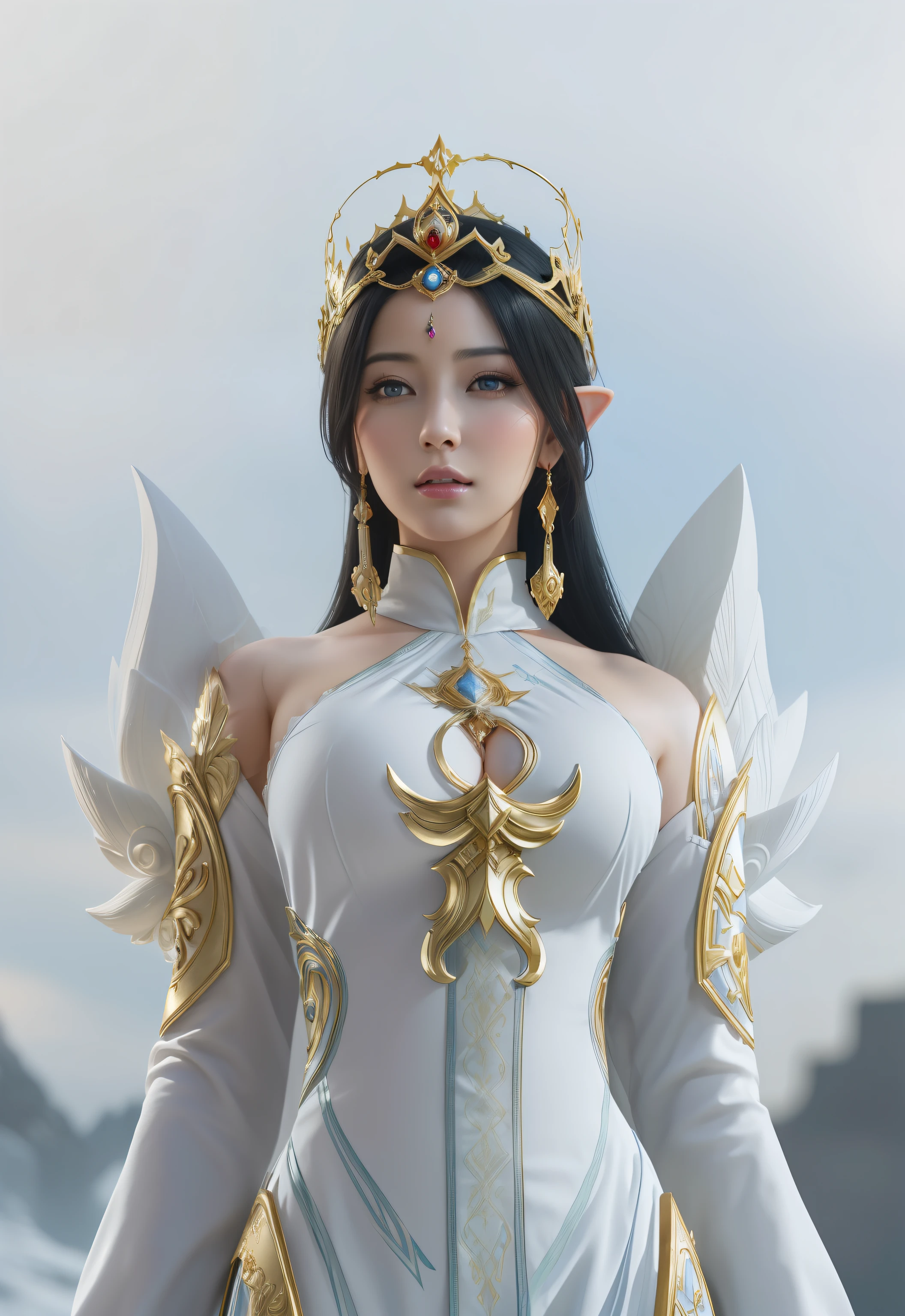 (masterpiece:1.4), (8k, photorealistic, RAW photo, best quality: 1.4), japanese, arafed woman in a white dress with gold accents and a crown, a beautiful fantasy empress, 3D render character art 8 k, unreal engine render + a goddess, beautiful and elegant elf queen, ((a beautiful fantasy empress)), ornate cosplay, fanart best artstation, hyperdetailed fantasy character, irelia from league of legends, goddess, beautiful face, (realistic face:1.4), (high detailed hair:1.3), beautiful hairstyle, realistic eyes, beautiful detailed eyes, (realistic skin:1.3), beautiful skin, attractive, ultra high res, ultra realistic, highly detailed, golden ratio, (detailed face:1.4), (realistic medium breasts:1.4), (braless:1.4), perky_nipples.