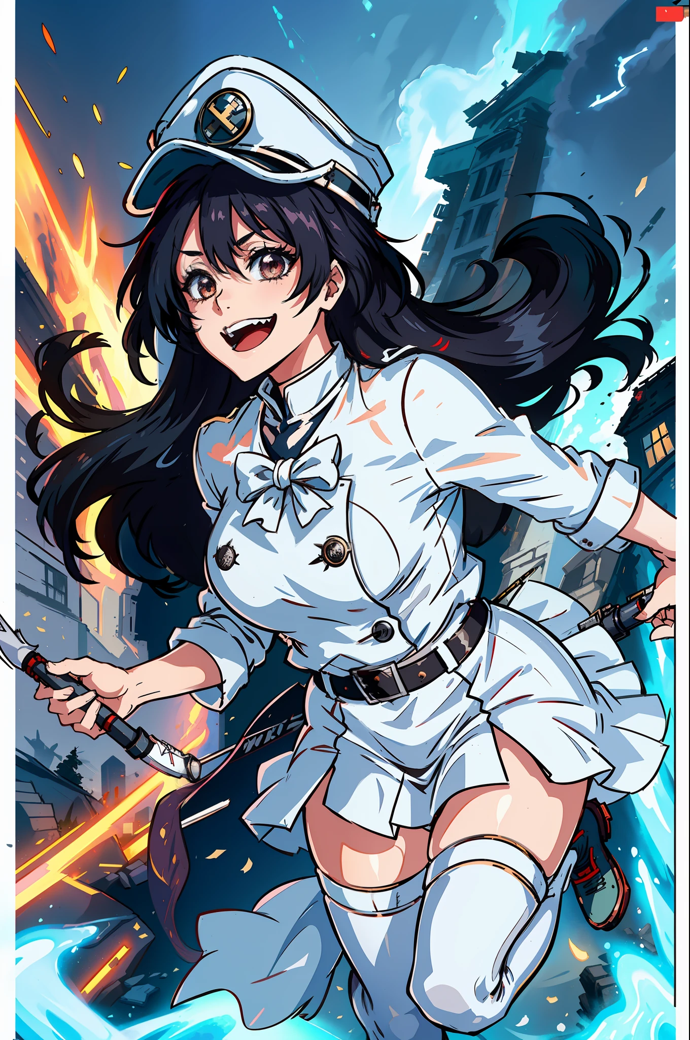 Masterpiece, top quality, ruined city and fire in the background, white Nazi SS Militari, 4K manga wallpaper, BLEACH, Exterminator, Shalltear Bloodfallen, badass anime 8 K, gapmoe yandere, yandere, albedo from Anime Overlord, creepy smile, crazy laugh, fished out laughter at the corners of the mouth, long black hair, white miniskirt, white long-sleeved military uniform, holding nothing in hands, Bow of light, arrow of light, white pleated skirt, belt, heart buckle, heart shaped buckle