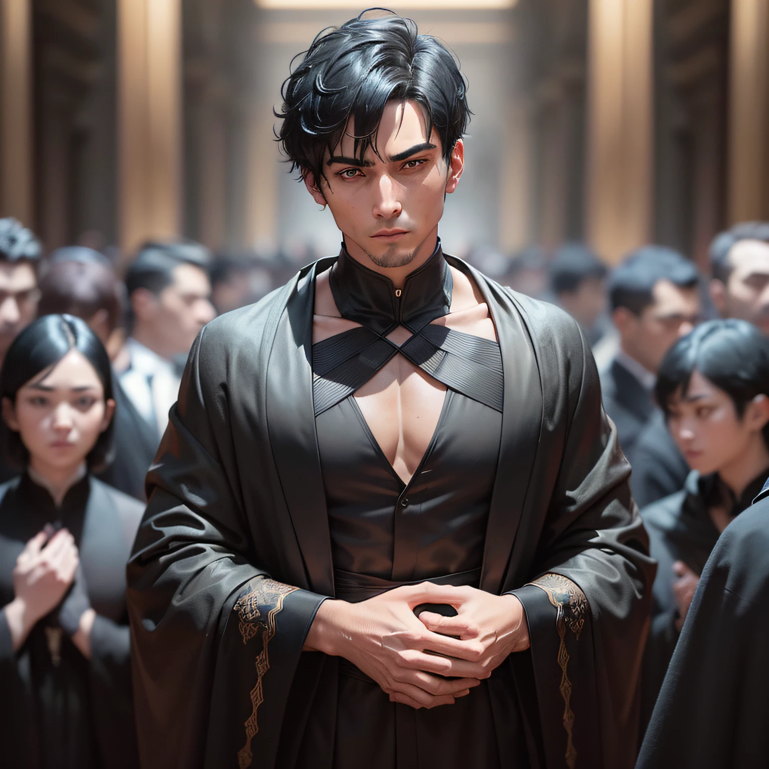 (A man with short black hair in a luxurious black robe stands in line for something from the crowd coming and going: 1.5), (Accidentally pushed someone in: 1.8), (Boys, Singles: 1.7), (Close-up of face: 1.9), (Arrogant and domineering face: 1.8), (Masterpieces, masterpieces: 1.5)